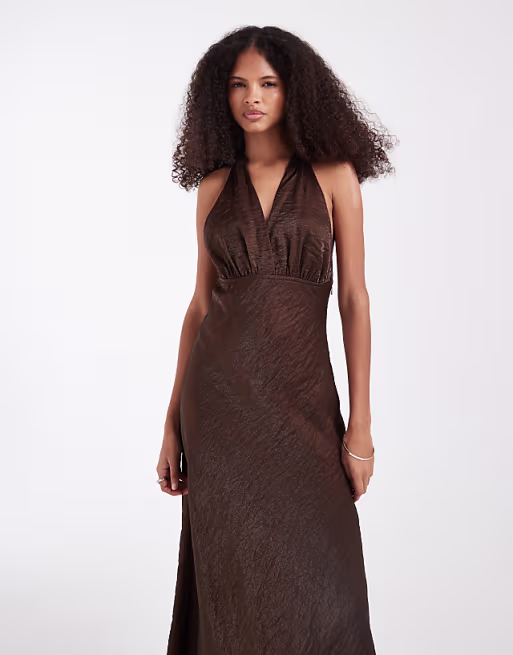 PIECES halterneck satin shimmer maxi dress in chocolate brown