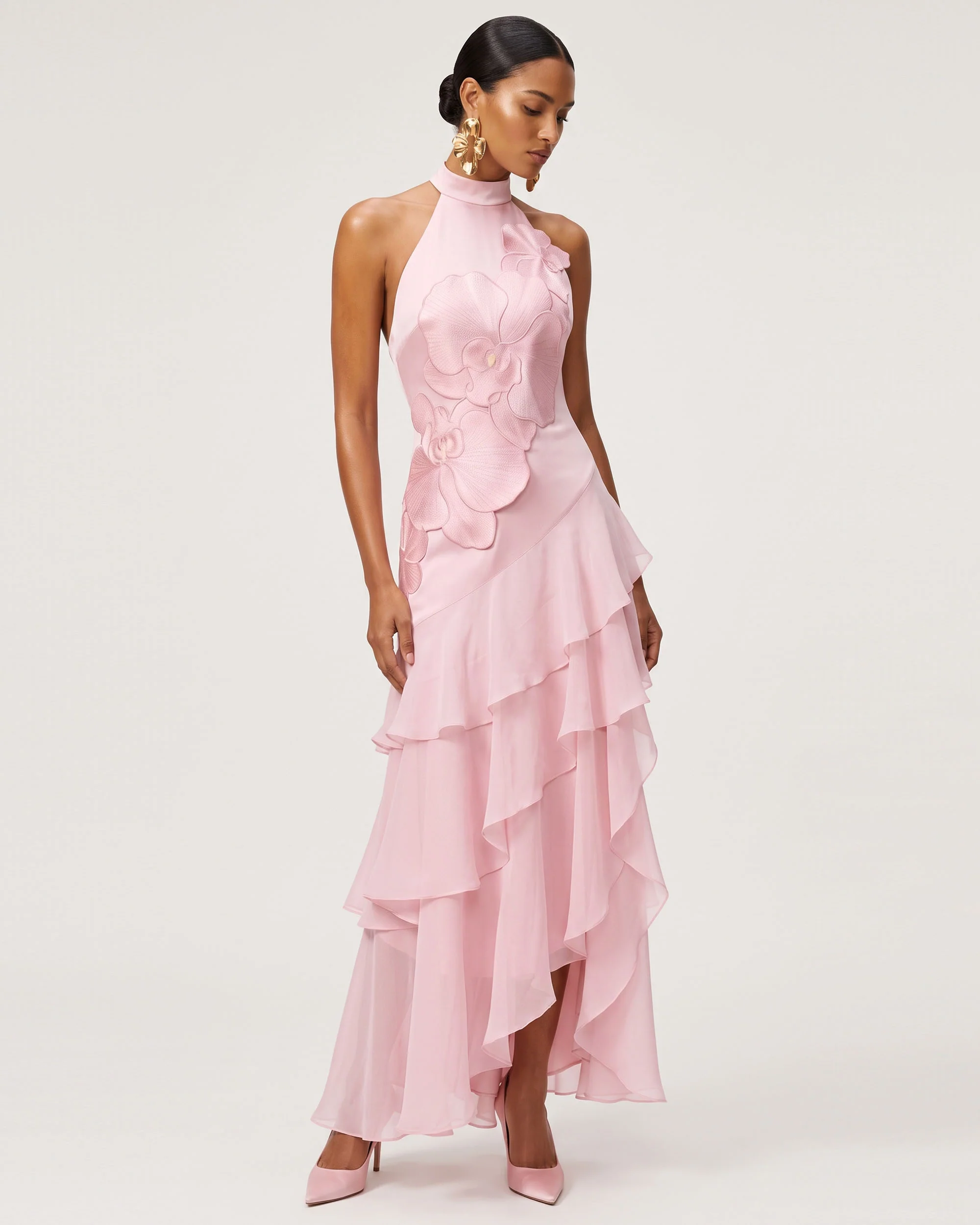 Orchid Embroidered Halter Asymmetric Layered Maxi Dress - Pink