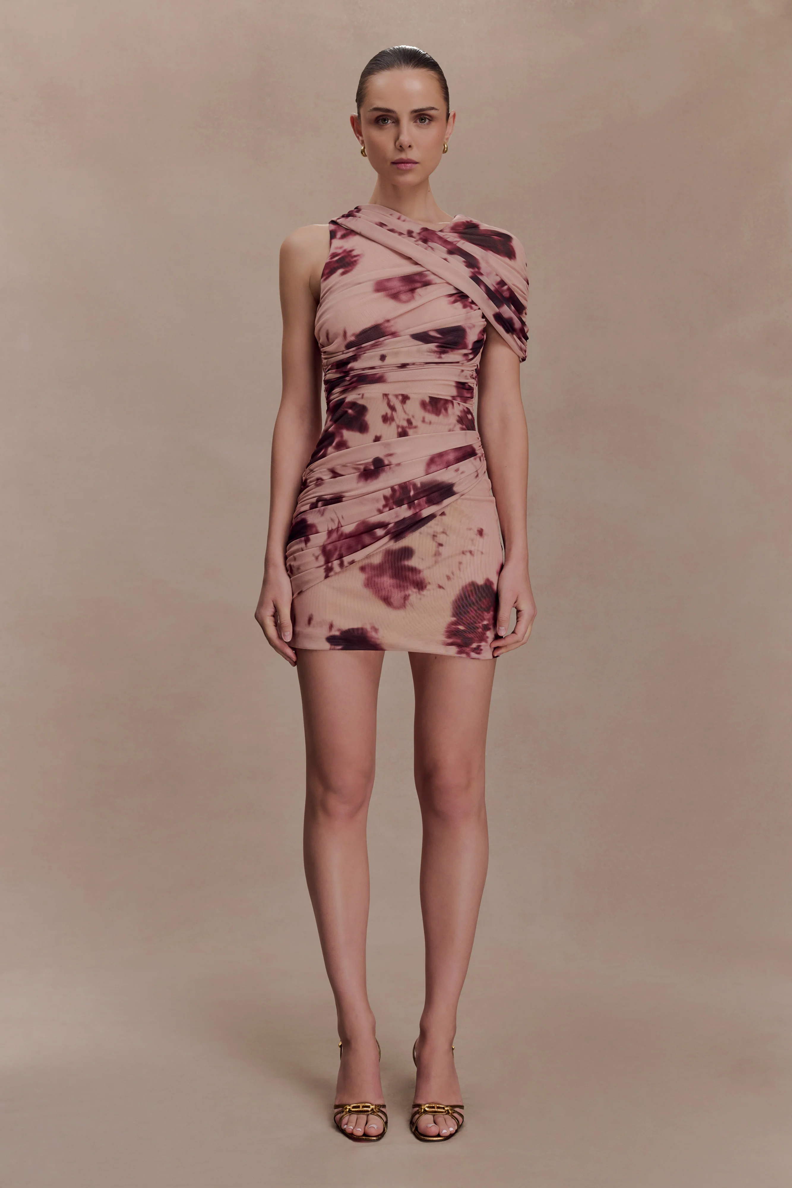 Adrienne One Shoulder Mesh Mini Dress - Nude Blurred Floral Print