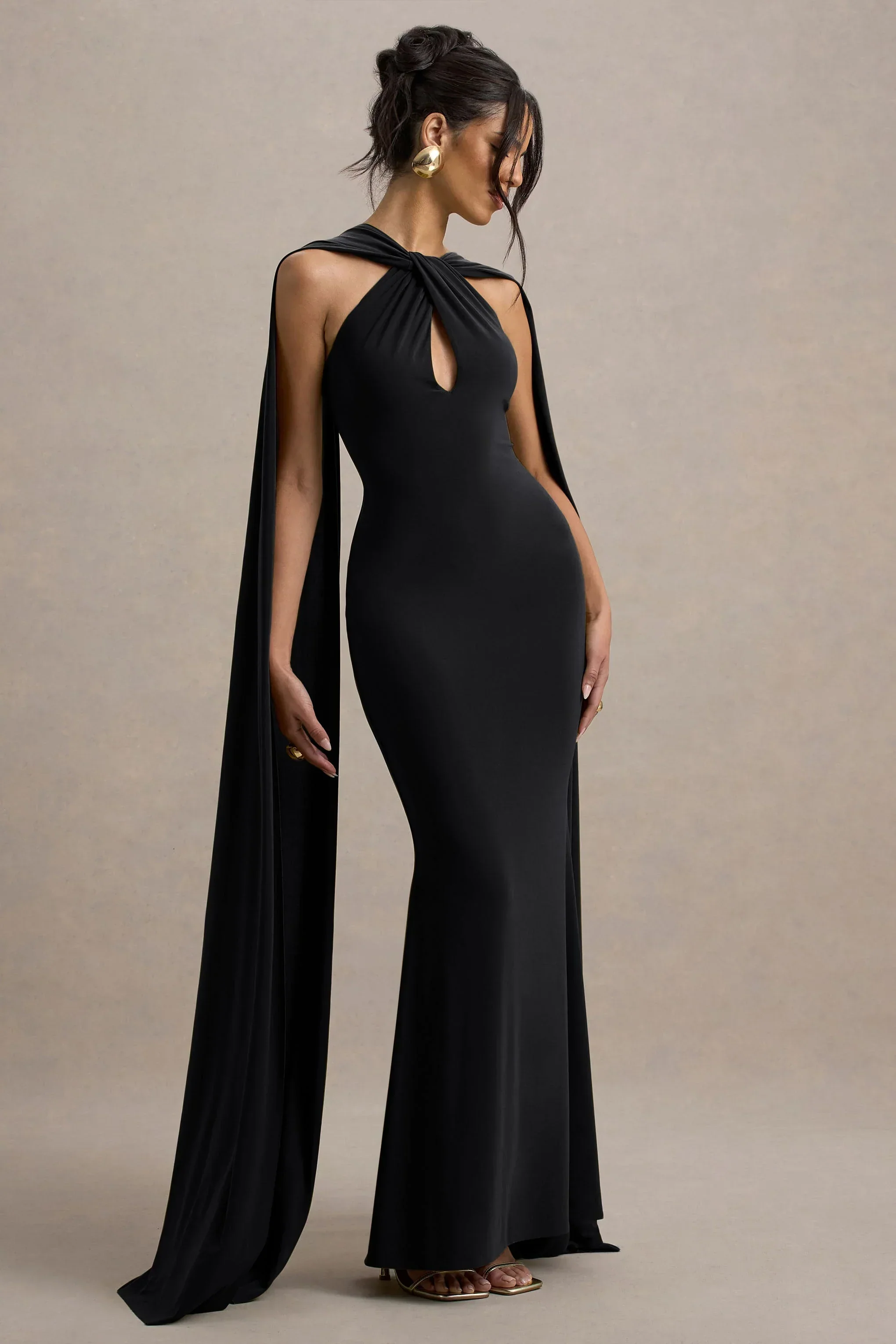 Rhoda | Black Twist Halter-Neck Cape Maxi Dress