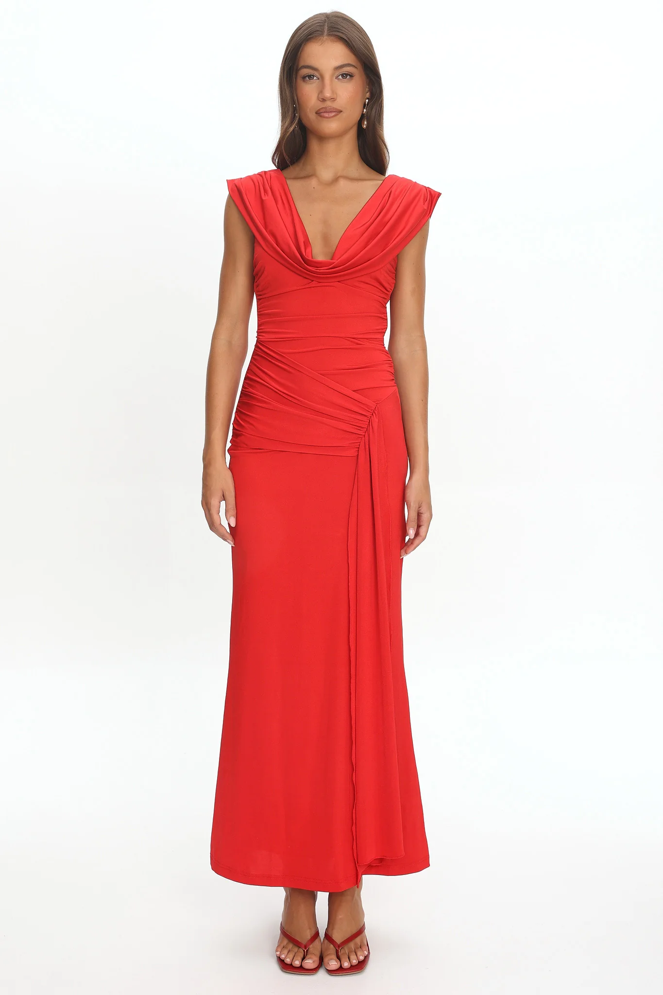 Fermi Draped Shoulder Maxi Dress Red - luluinthesky