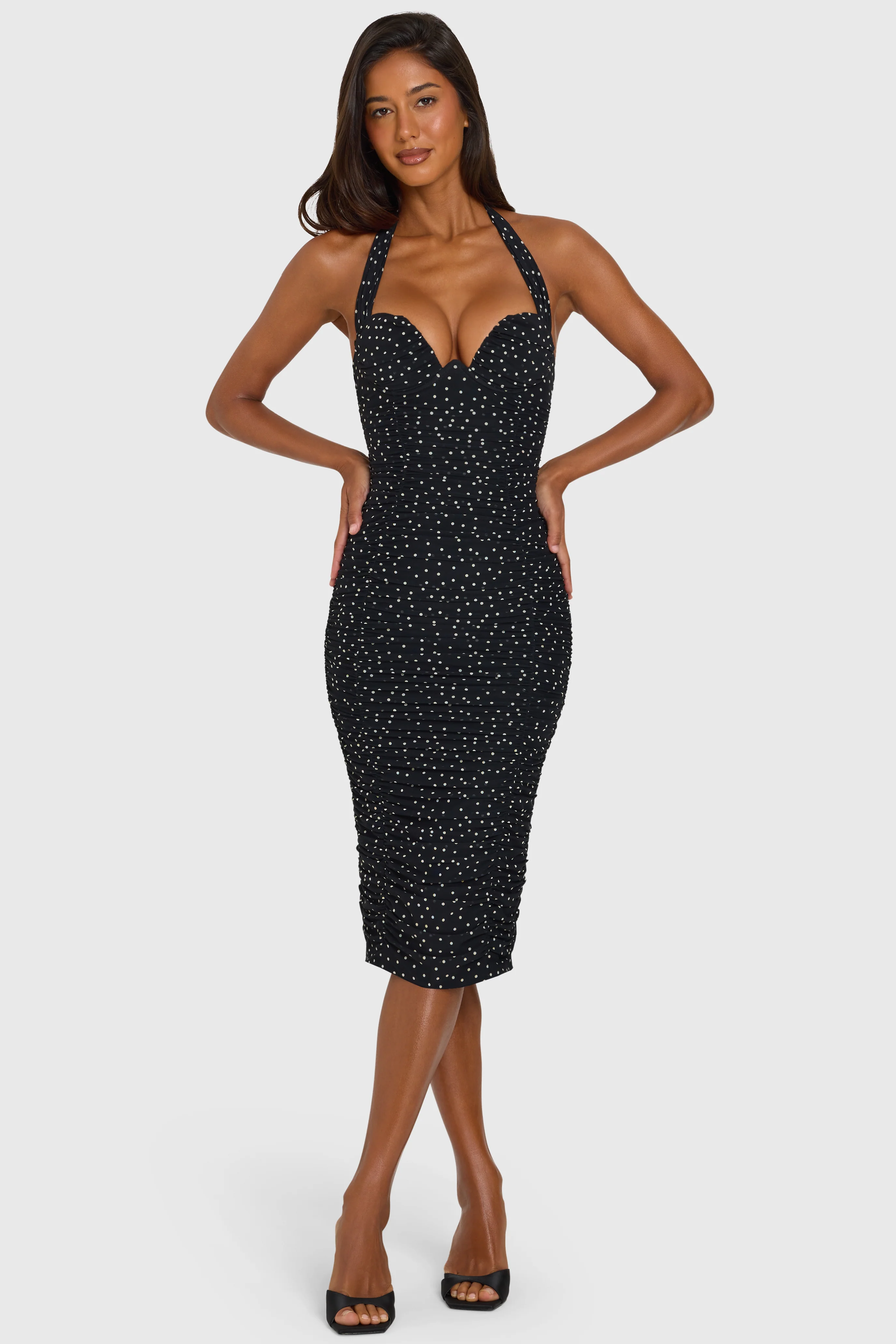 Halterneck Underwired Midi Dress in Black Polka Dot