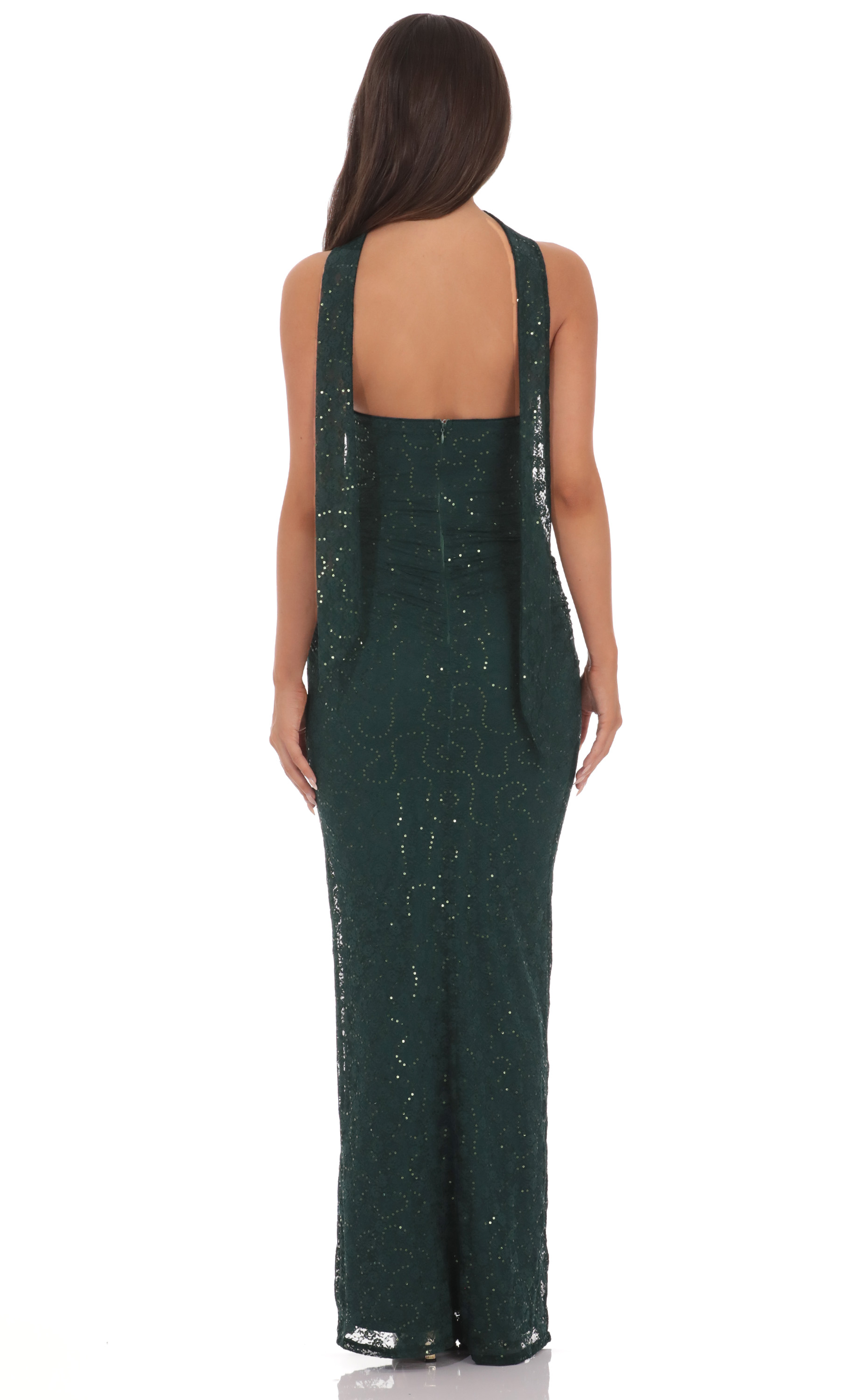Sequin Scarf Lace Maxi Dress in Green - luluinthesky