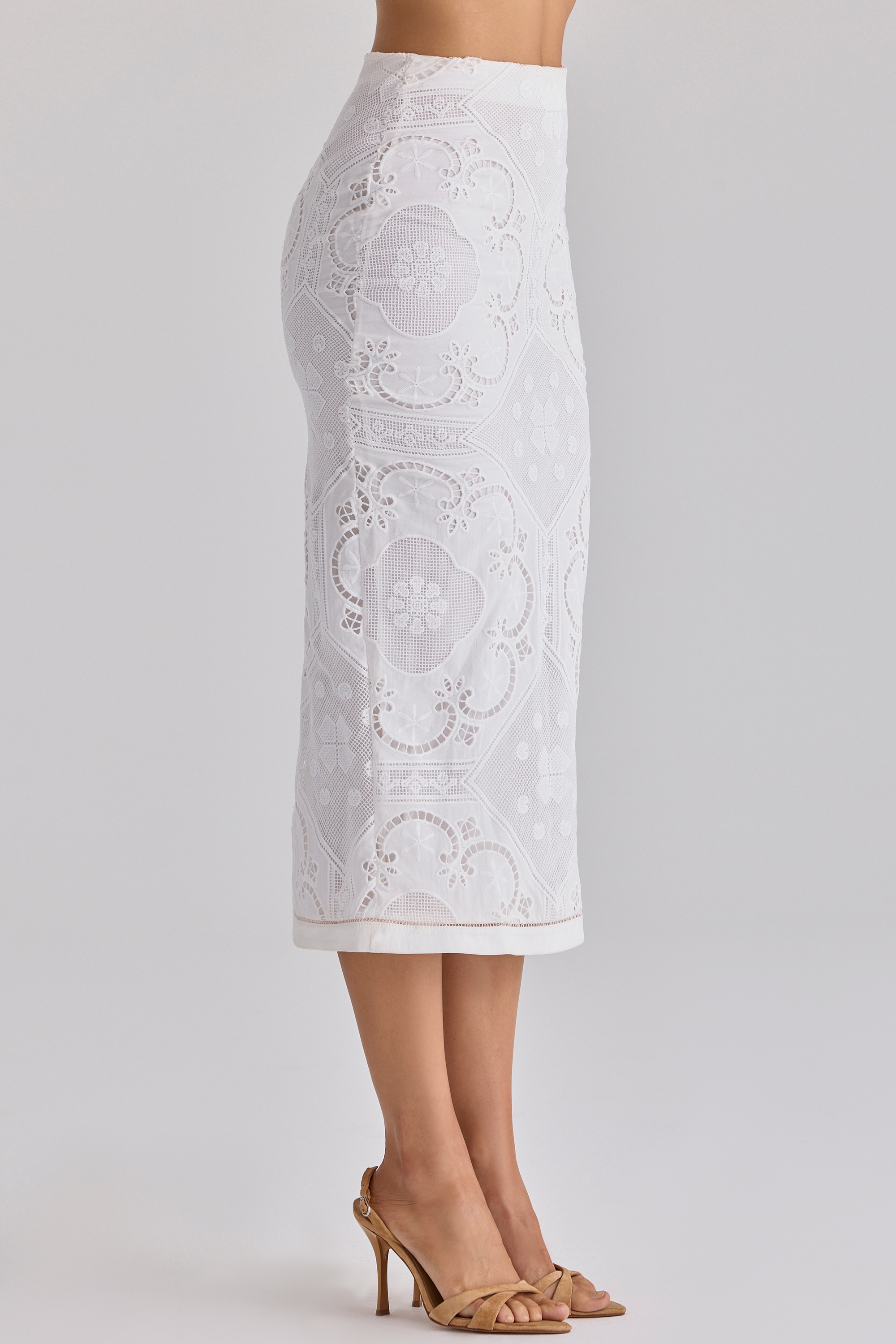 White Cotton Placement Lace Broderie Anglaise Midi Skirt