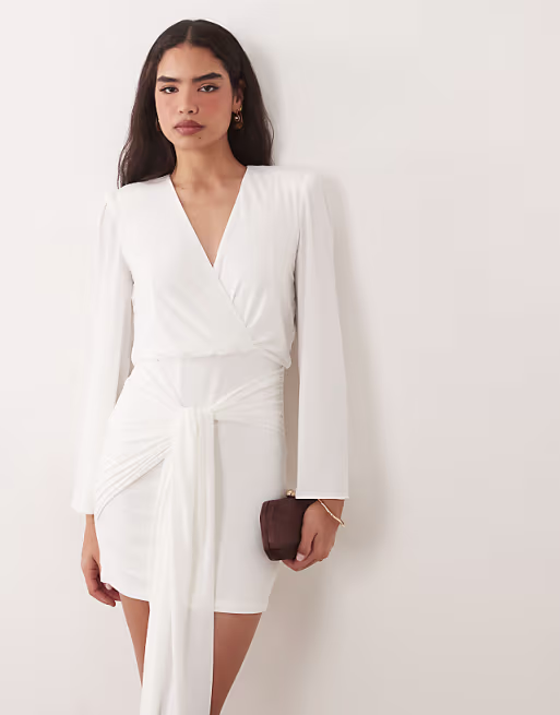 TFNC slinky v neck shoulder pad drape detail mini dress in white