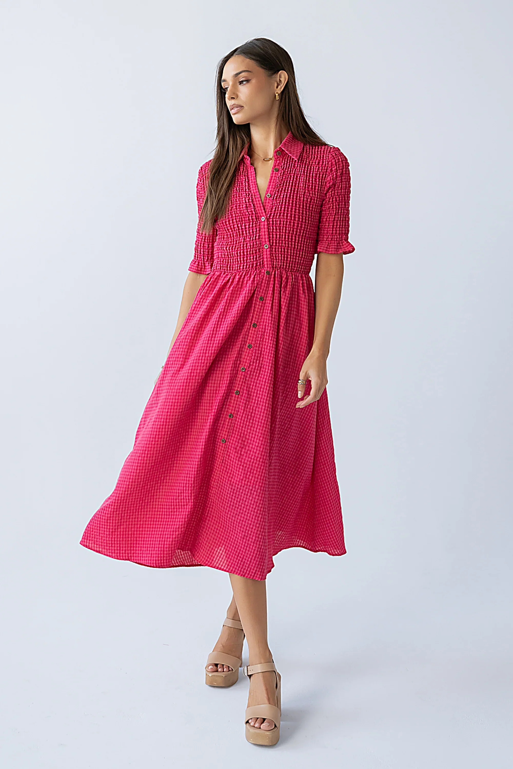 Jonas Gingham Midi Dress in Pink