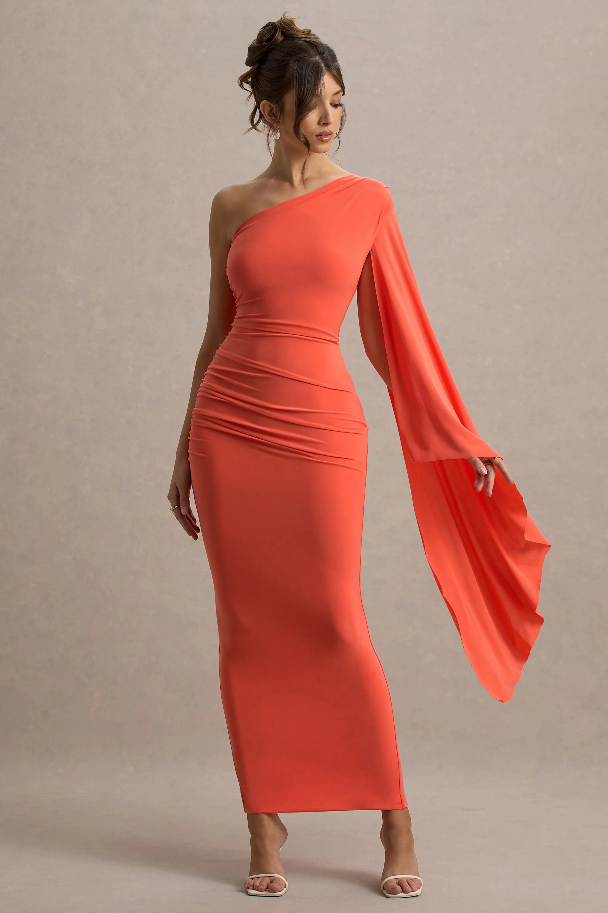 Clementina | Orange Asymmetric Cape Sleeve Maxi Dress