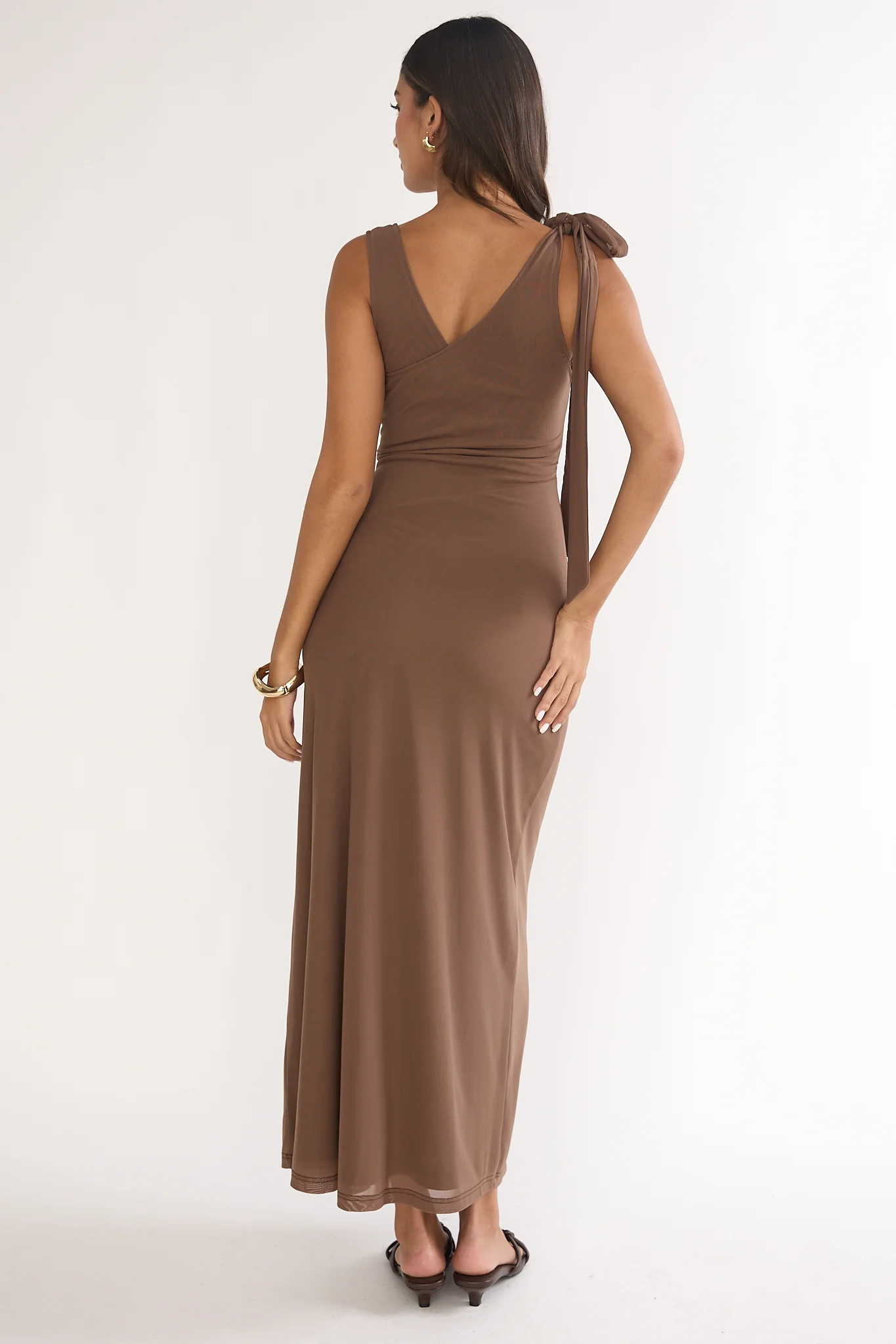 Cavelle Tie Shoulder Mesh Maxi Dress Chocolate - luluinthesky
