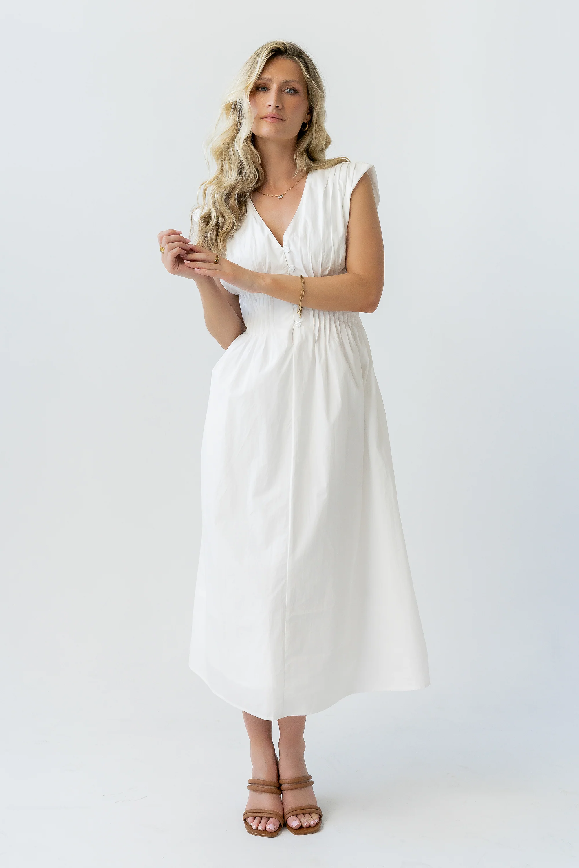 Barb Pleated Midi Dress in White