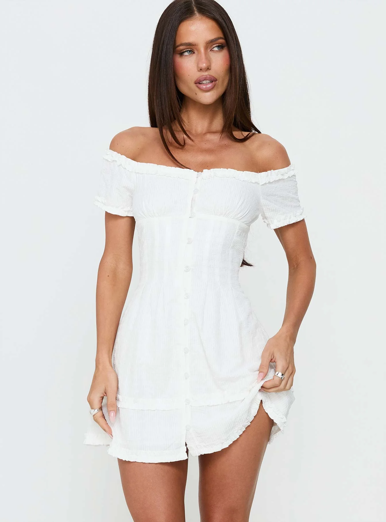Zoela Off Shoulder Ruffle Mini Dress White
