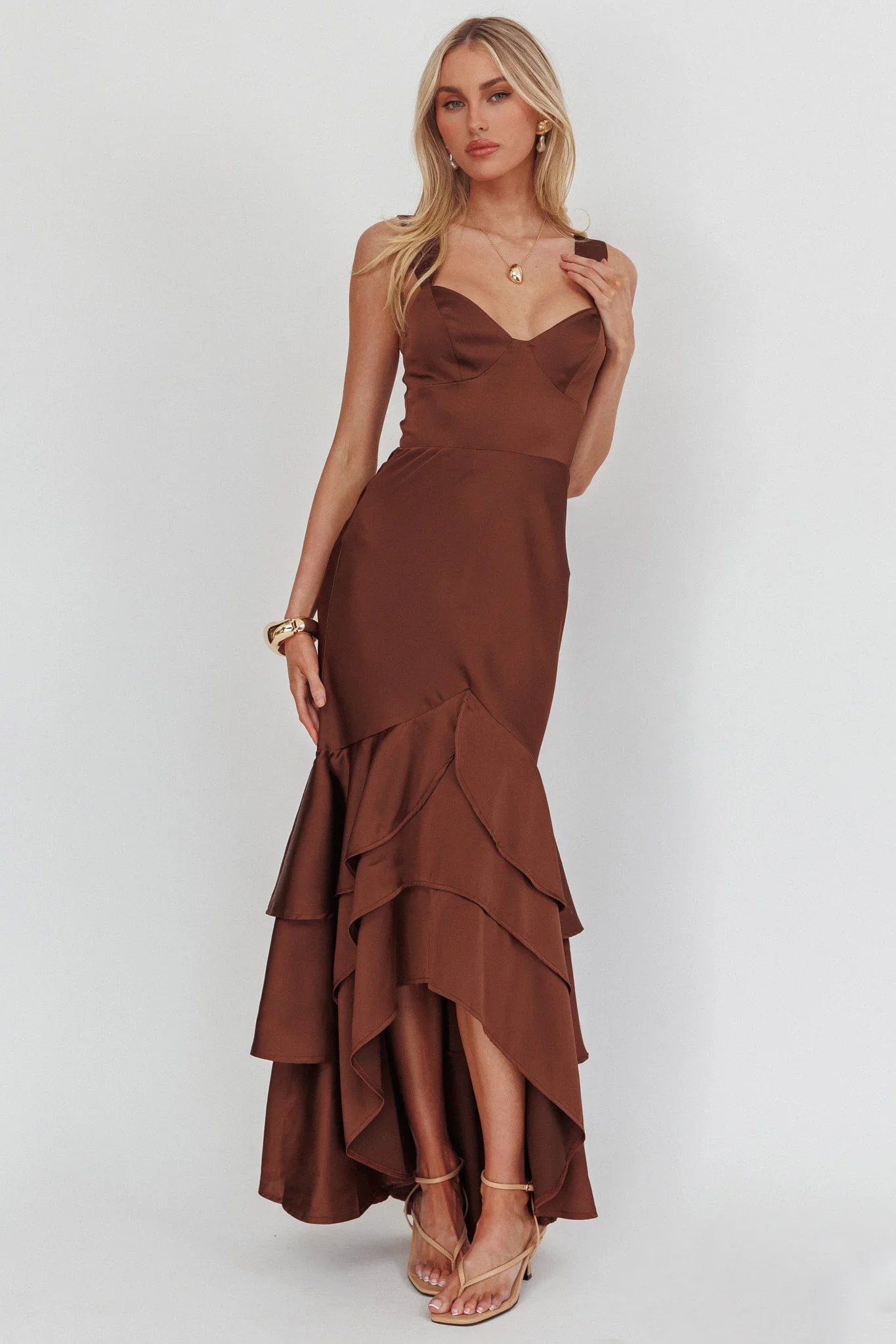 Baylin Layered Mermaid Hem Maxi Dress Coffee