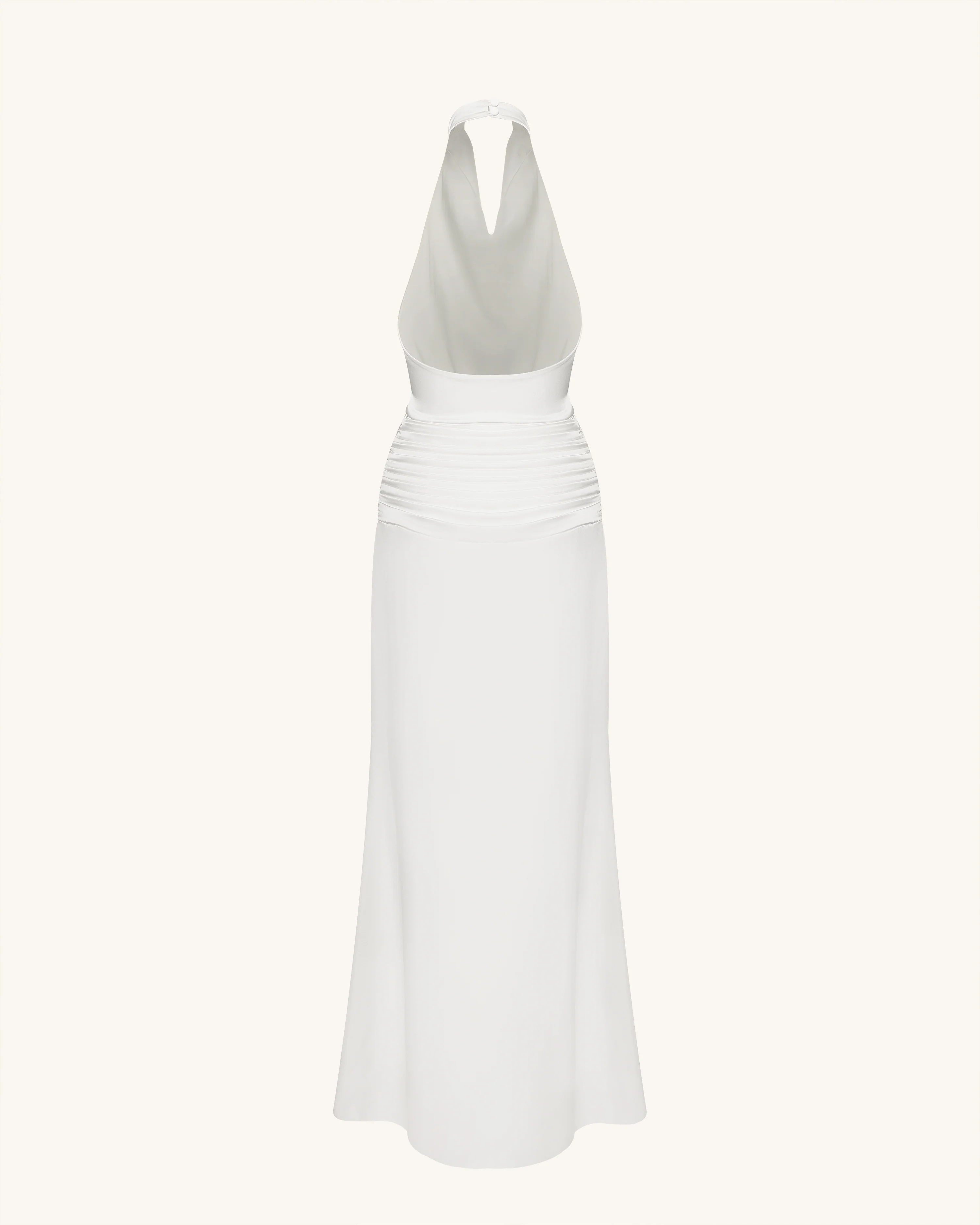 Satin Cowl Neck Ruched Maxi Gown - White - FASHION NOB