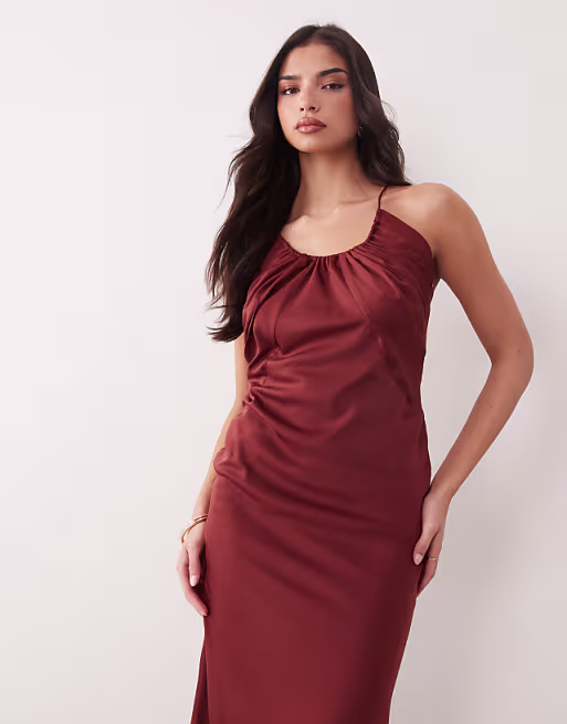 scoop neck bias cut midaxi dress in rust