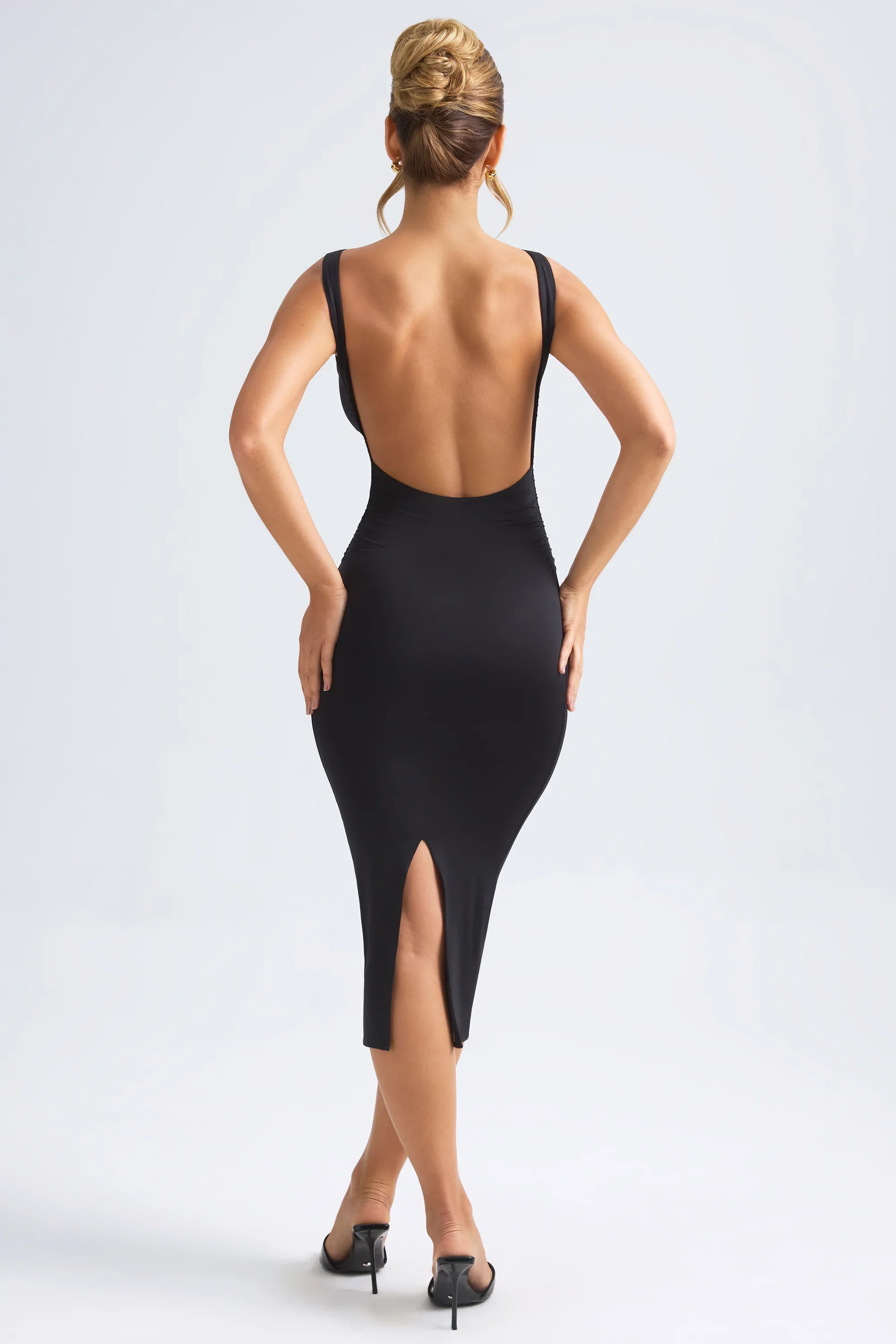 Ruched Open-Back Midaxi Dress in Black