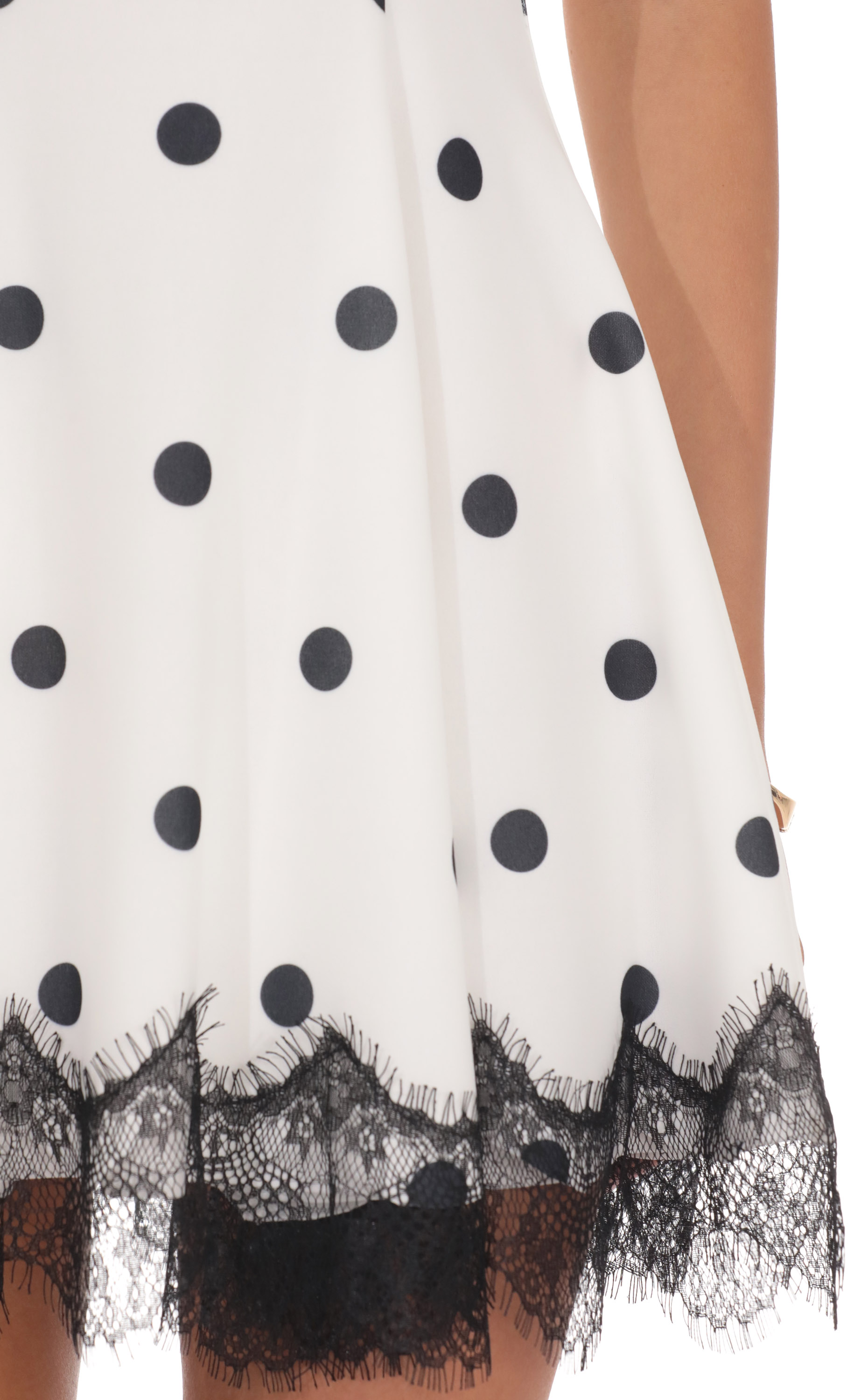 Polka Dot Mini Dress with Lace Trim Hem - luluinthesky