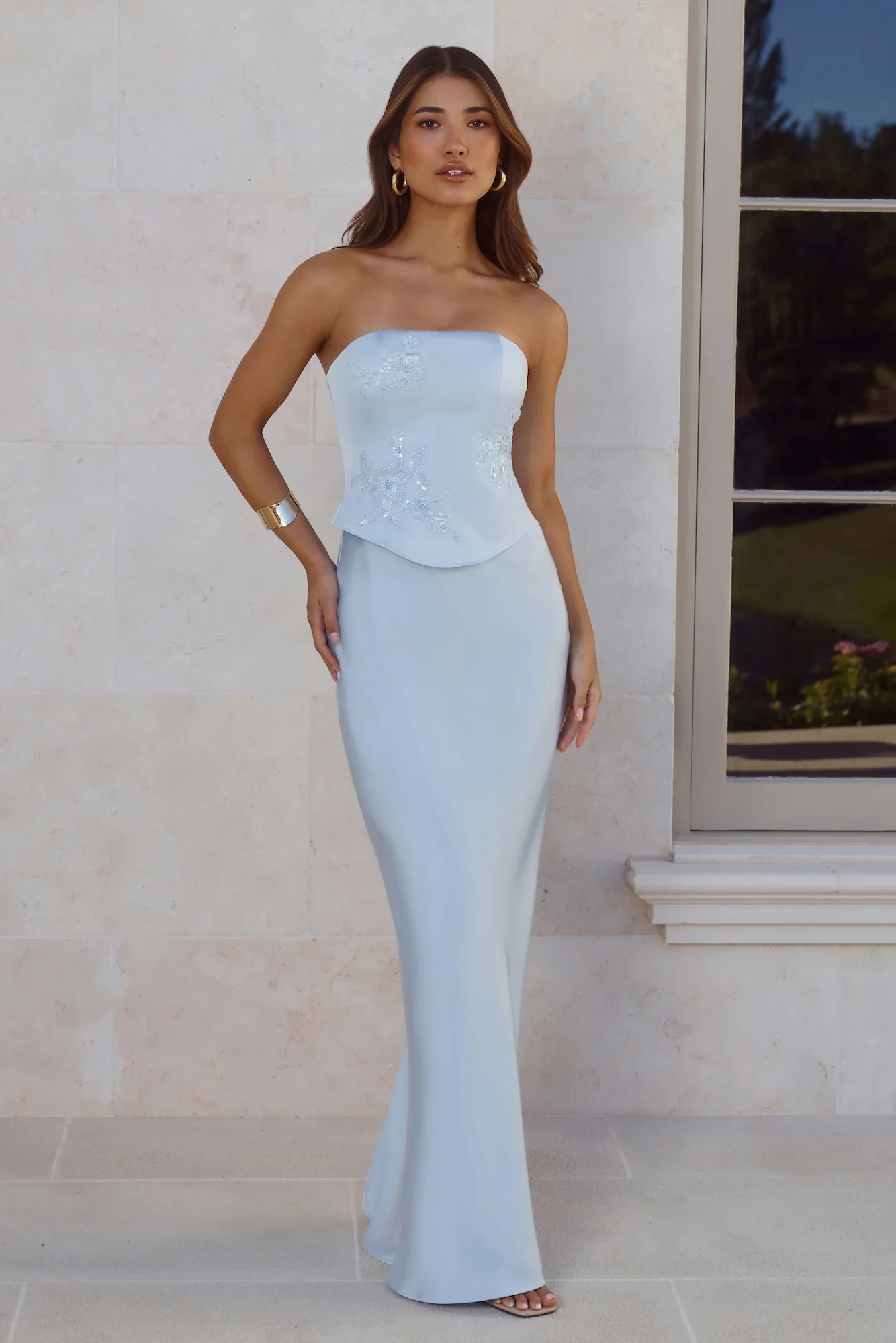 Golden Isle Strapless Satin Maxi Dress Blue