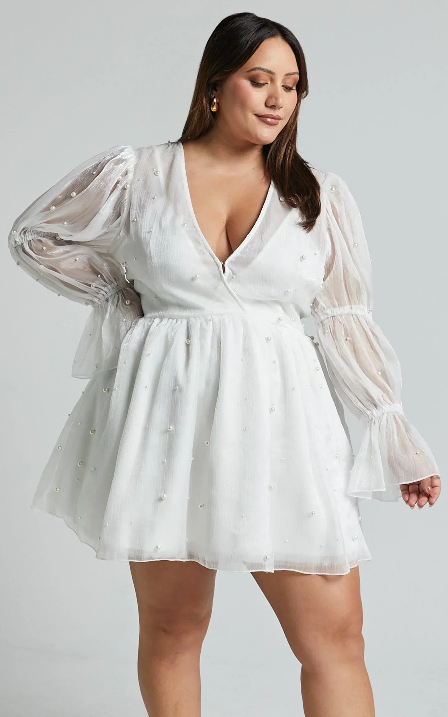 Solanna Mini Dress - Long Puff Sleeve V Neck Dress In White