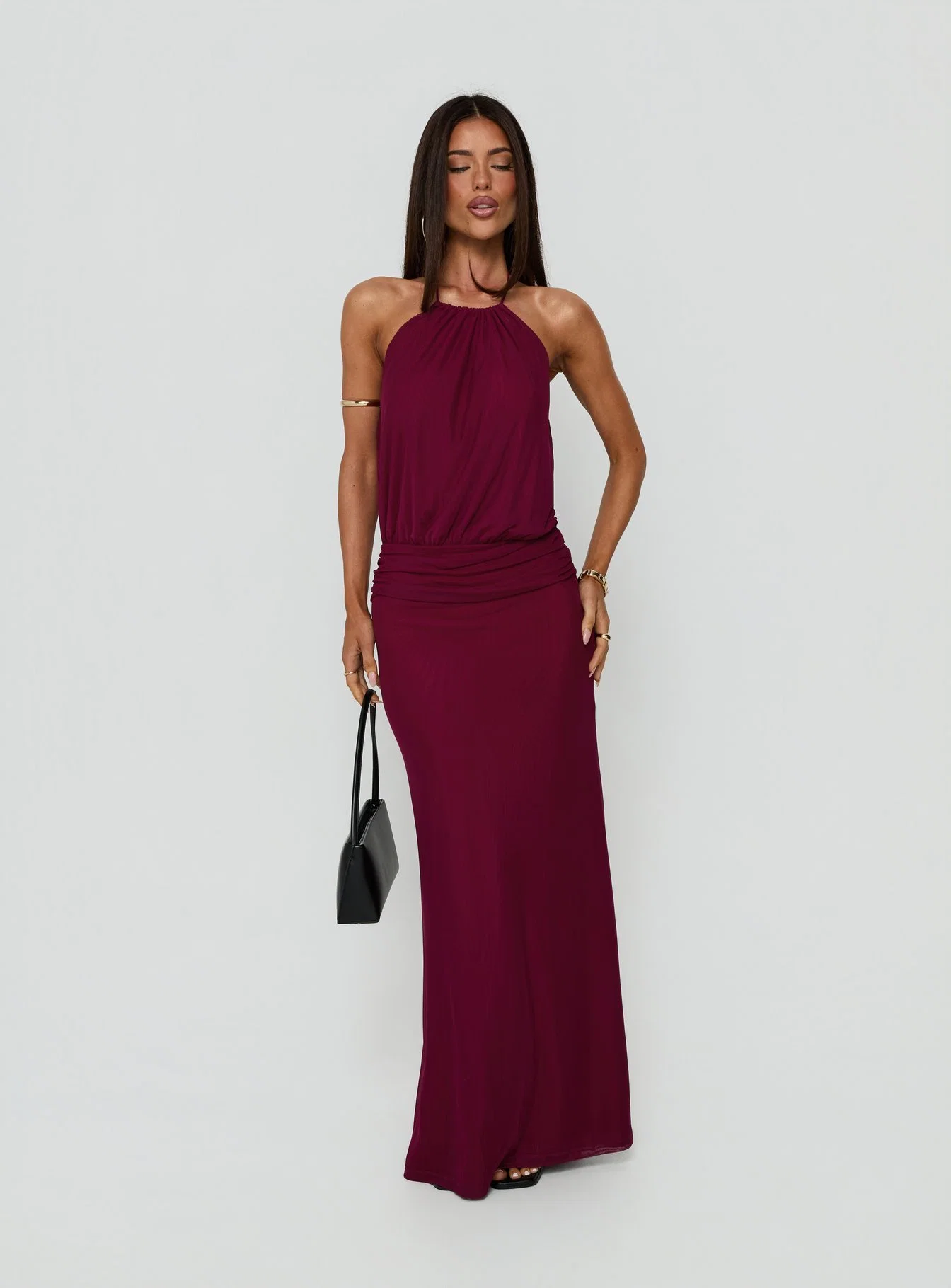 Casperina Ruched Halter Maxi Dress Berry