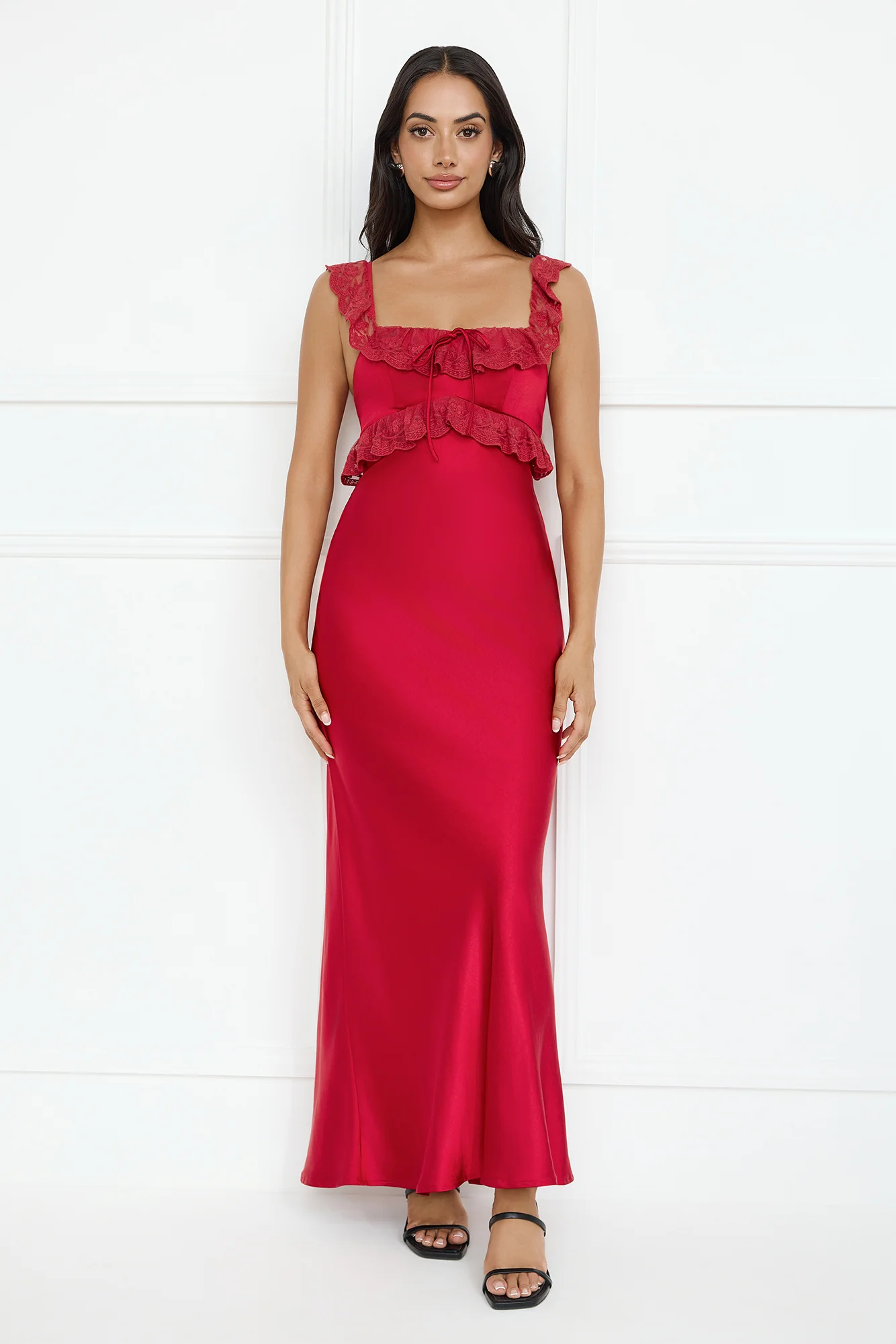 Waltzing In Romance Satin Maxi Dress Red