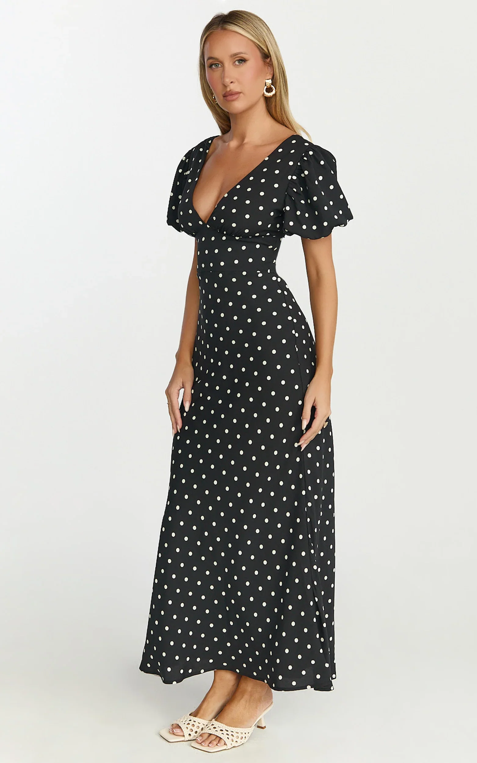 Elise Midi Dress - V Neck Puff Sleeve Dress in Black Polka