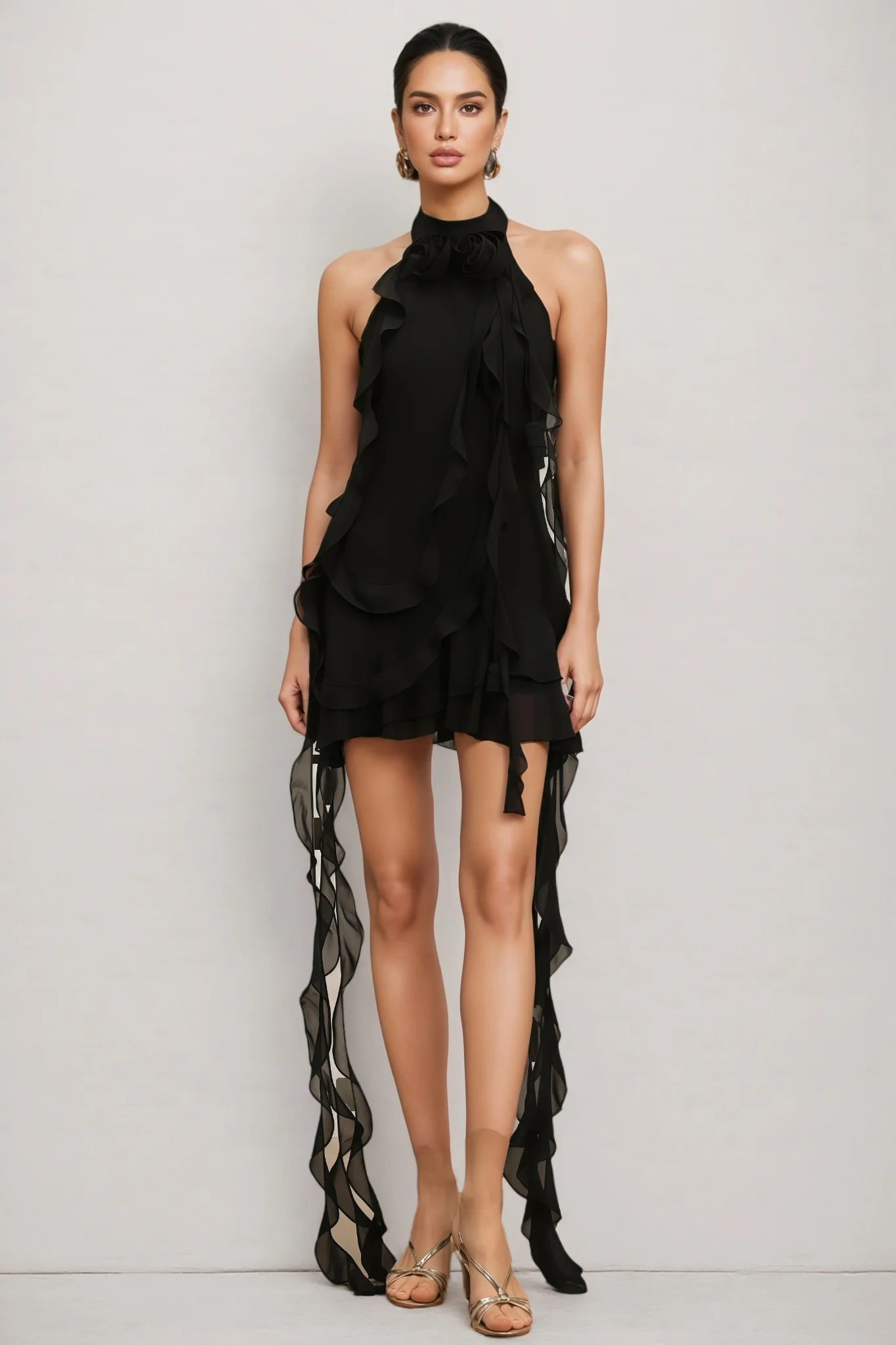 Sabrina Halter Sleeveless Flounce Flowers Mini Dress