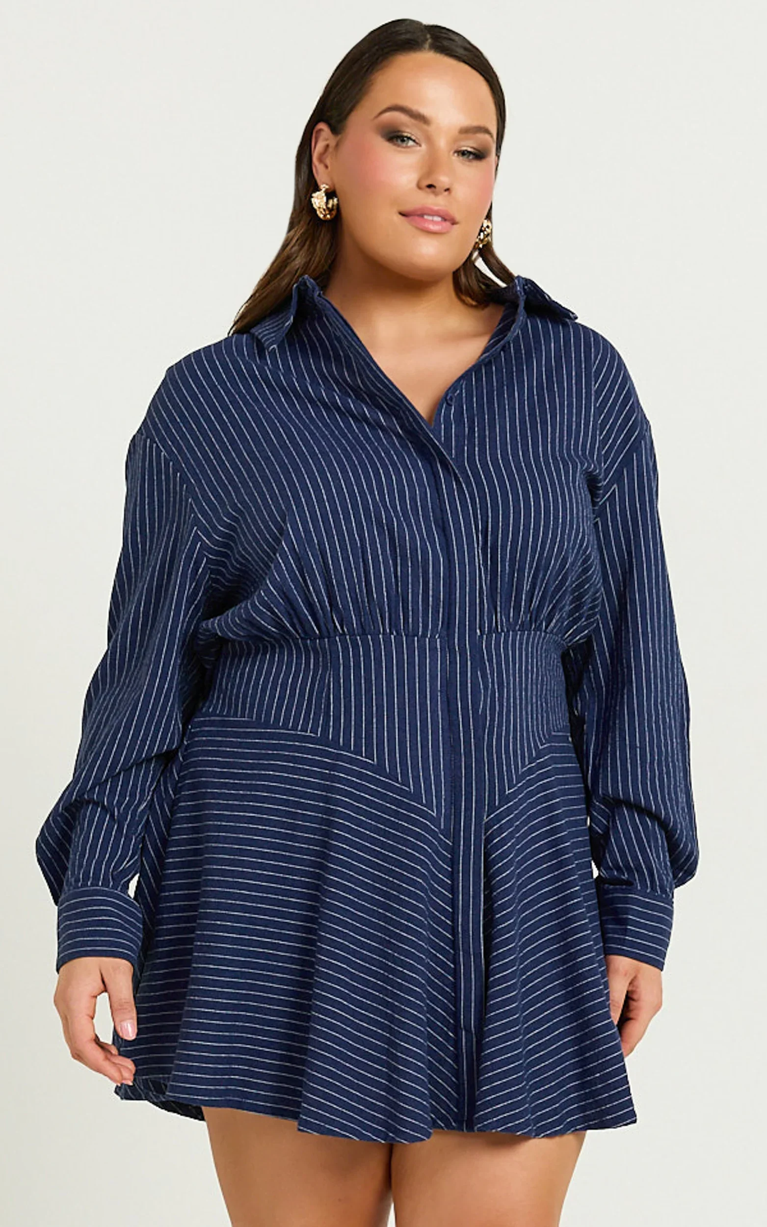Whitney Mini Dress - Linen Long Sleeve Shirt Dress in Navy