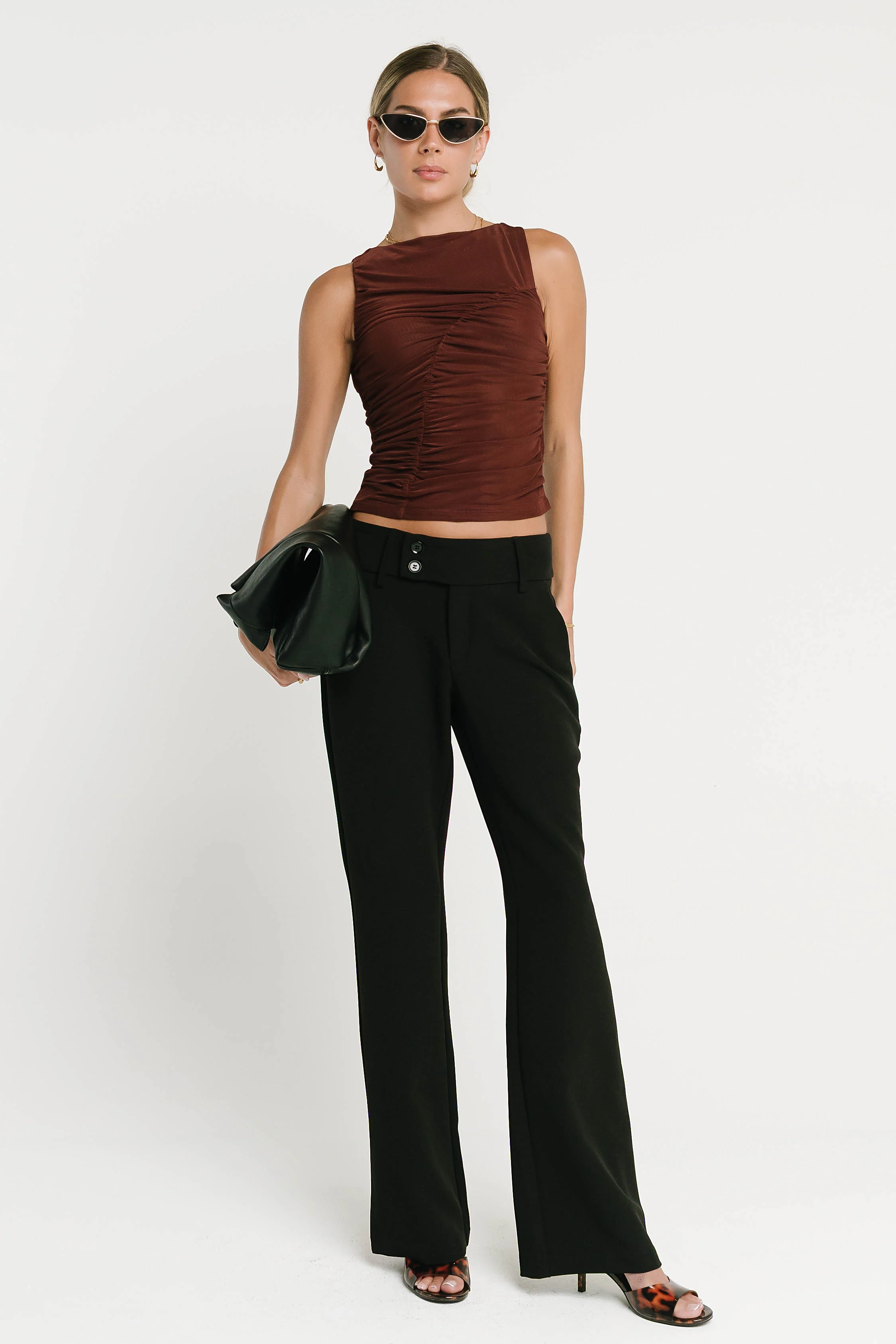 Melly Diagonal Ruched Top in Brown