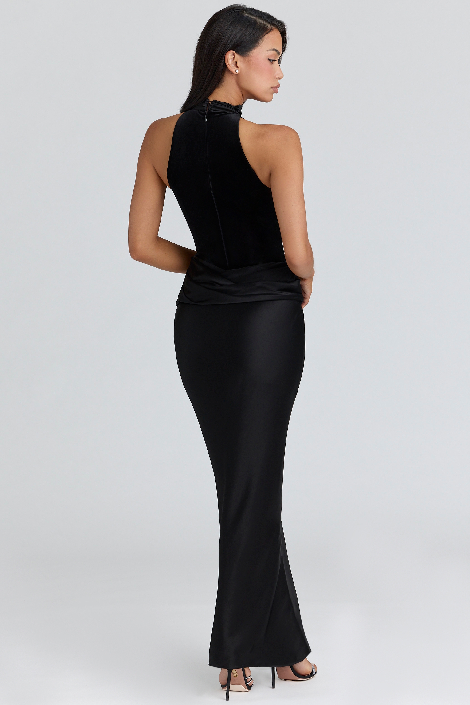Black Satin Draped Maxi Skirt