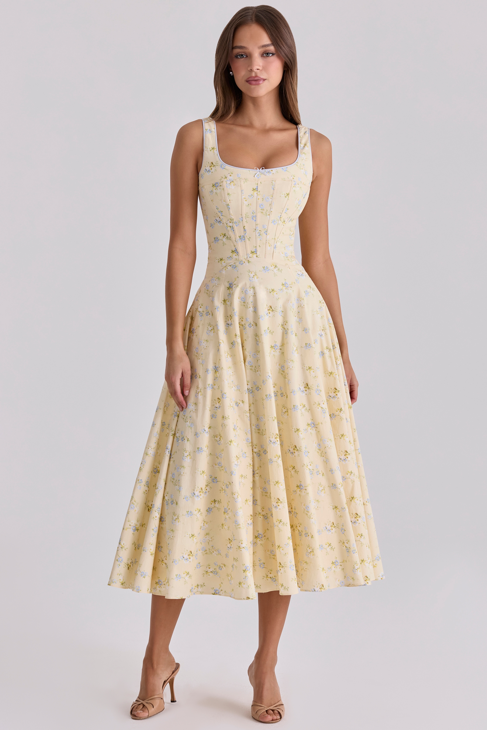 lemon floral print cotton lace up midi sundress