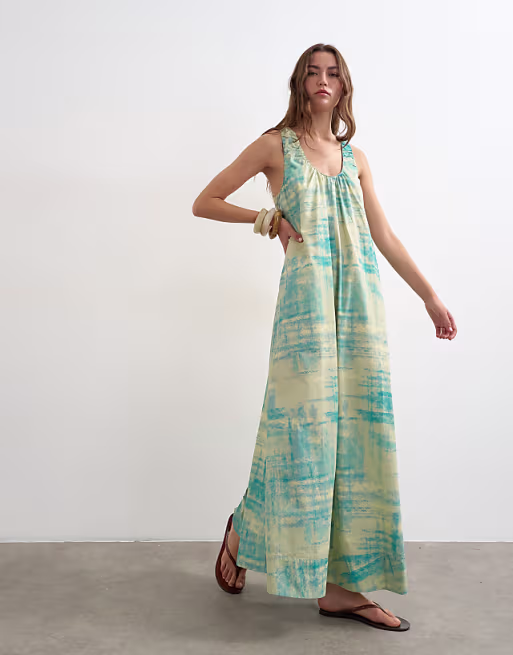 Topshop cotton poplin ruched neck maxi sundress in blue abstract print