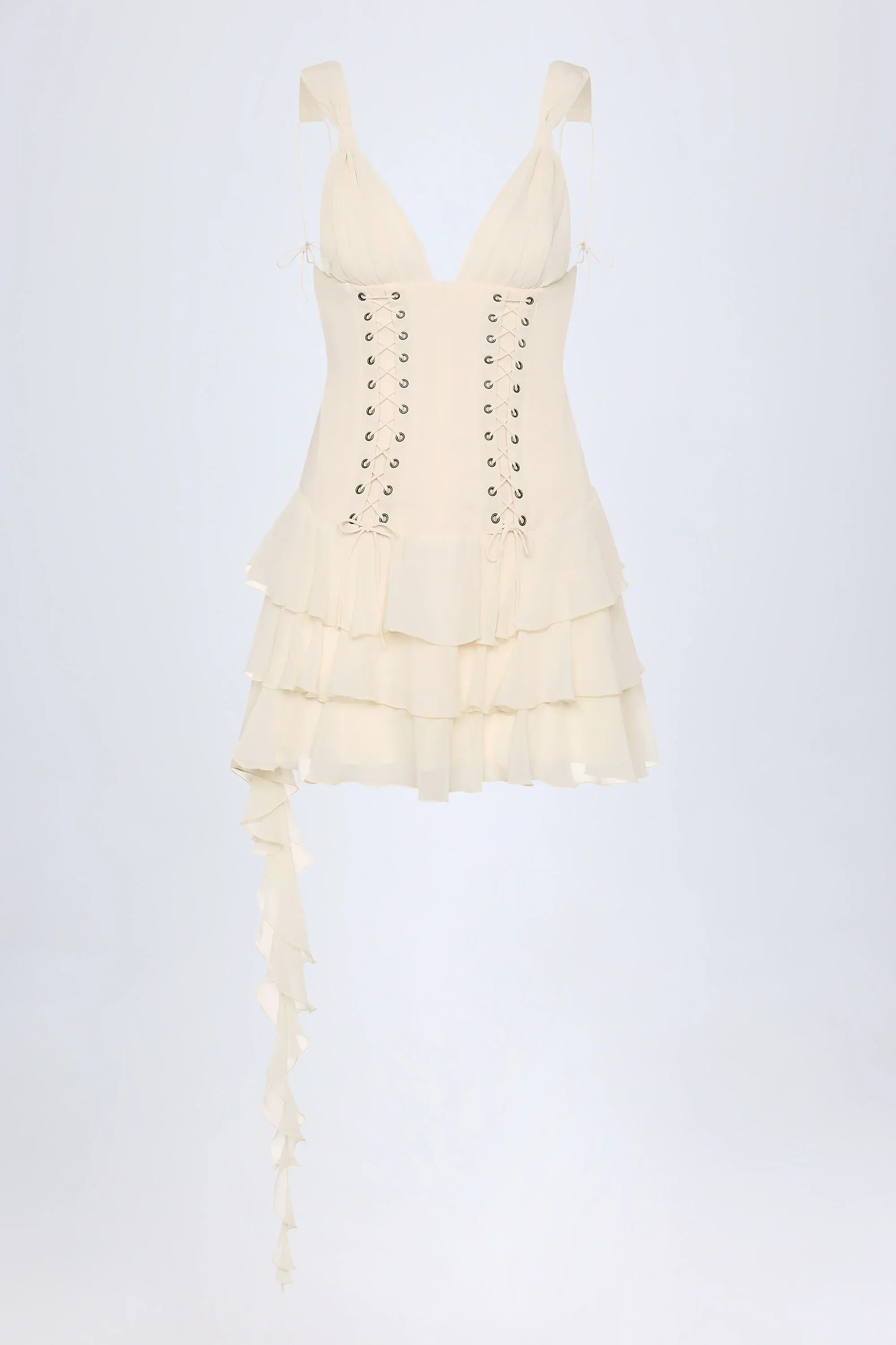 Lace-Up Ruffled Tiered Mini Dress in Ivory - luluinthesky