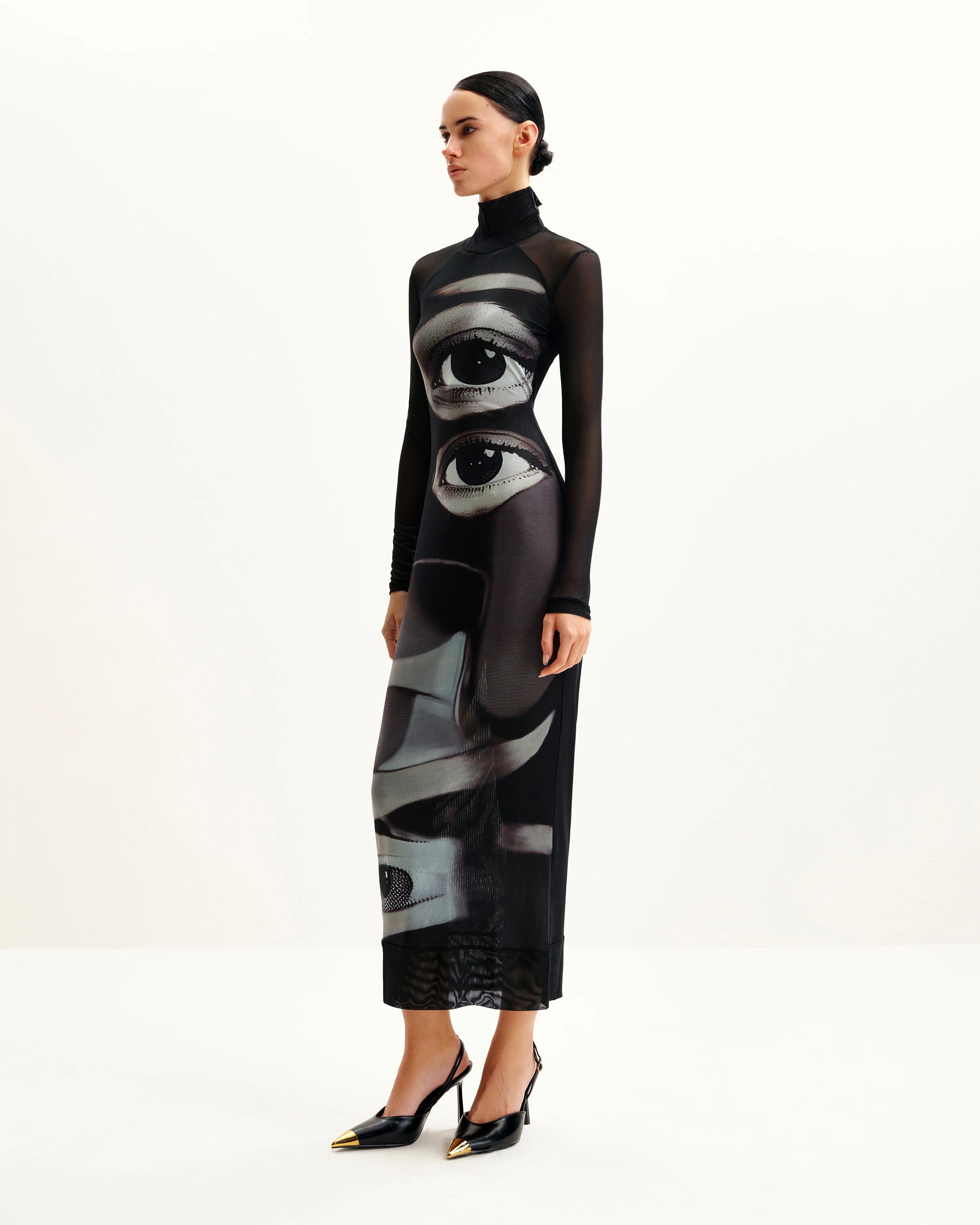 Sophia Eye Print Mesh Dress - Black/White - FASHION NOB