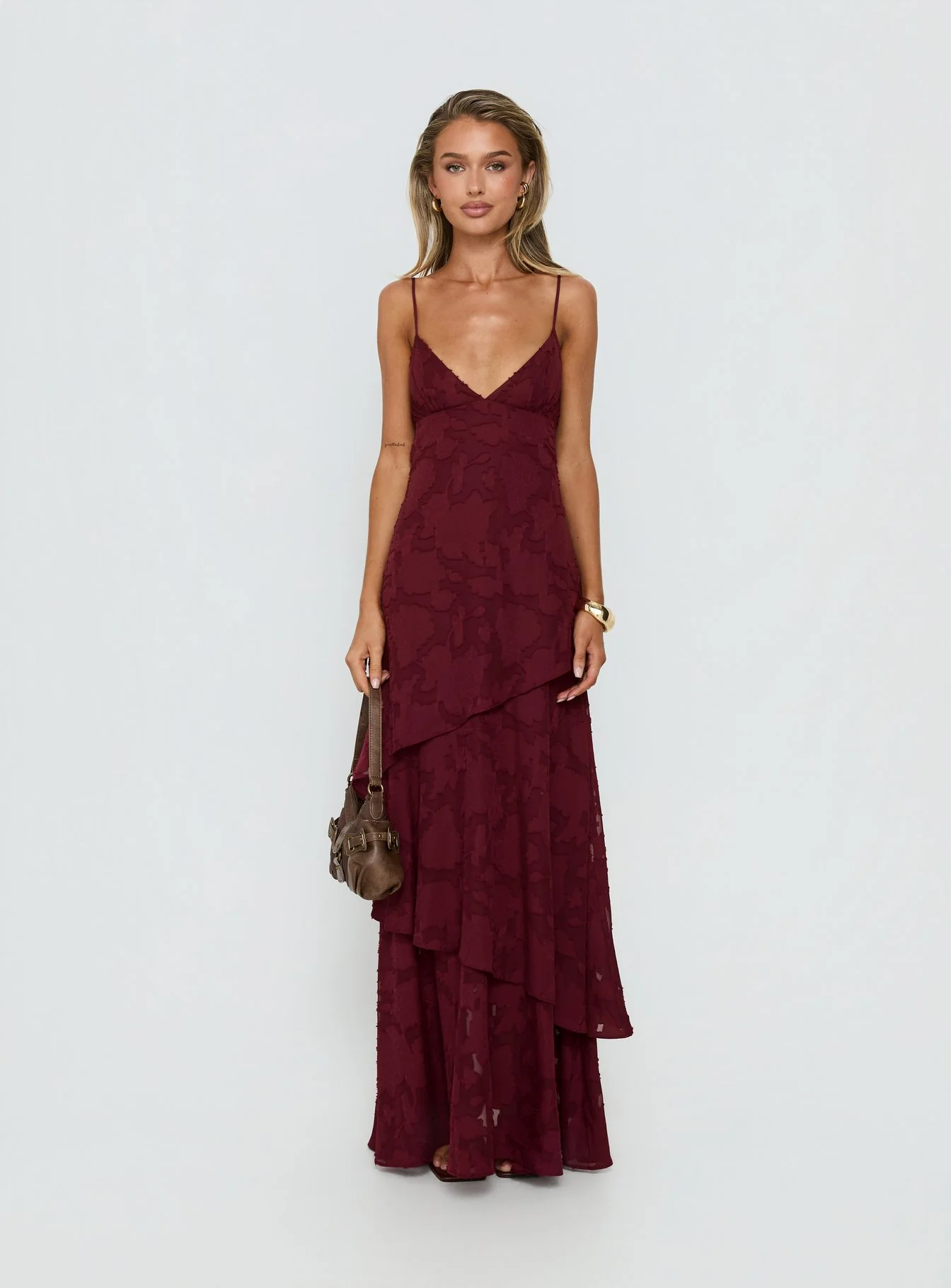 Lyricah Tiered Tie Back Maxi Dress Burgundy - luluinthesky