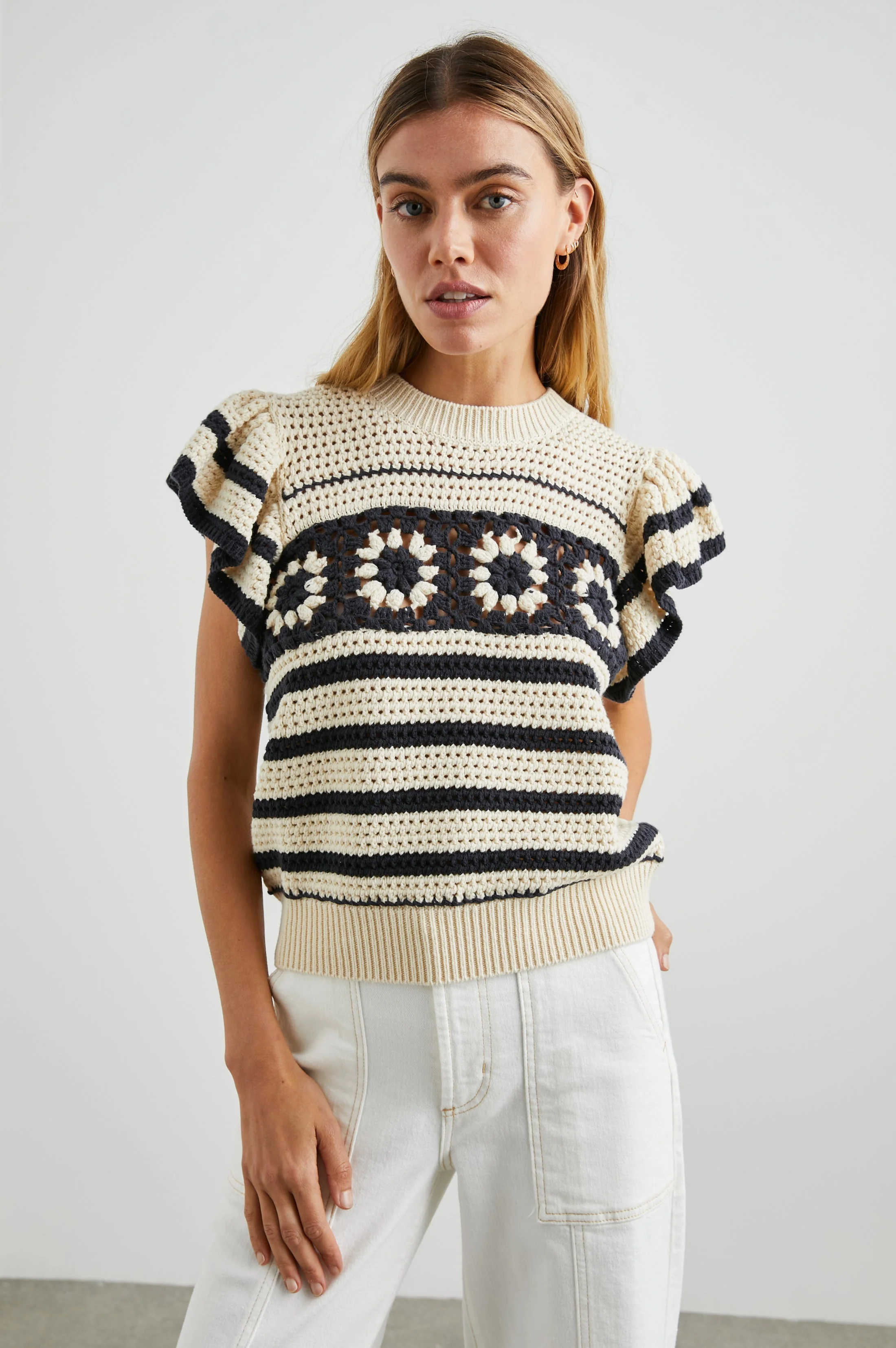 Penelope Top - Oat Navy Crochet Stripe