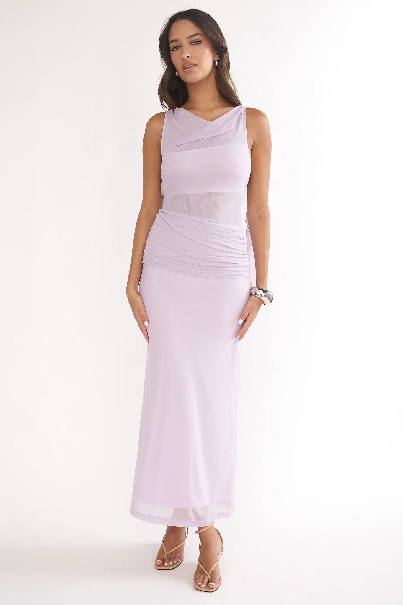 Saffra Shoulder Sash Ruched Maxi Dress Lilac