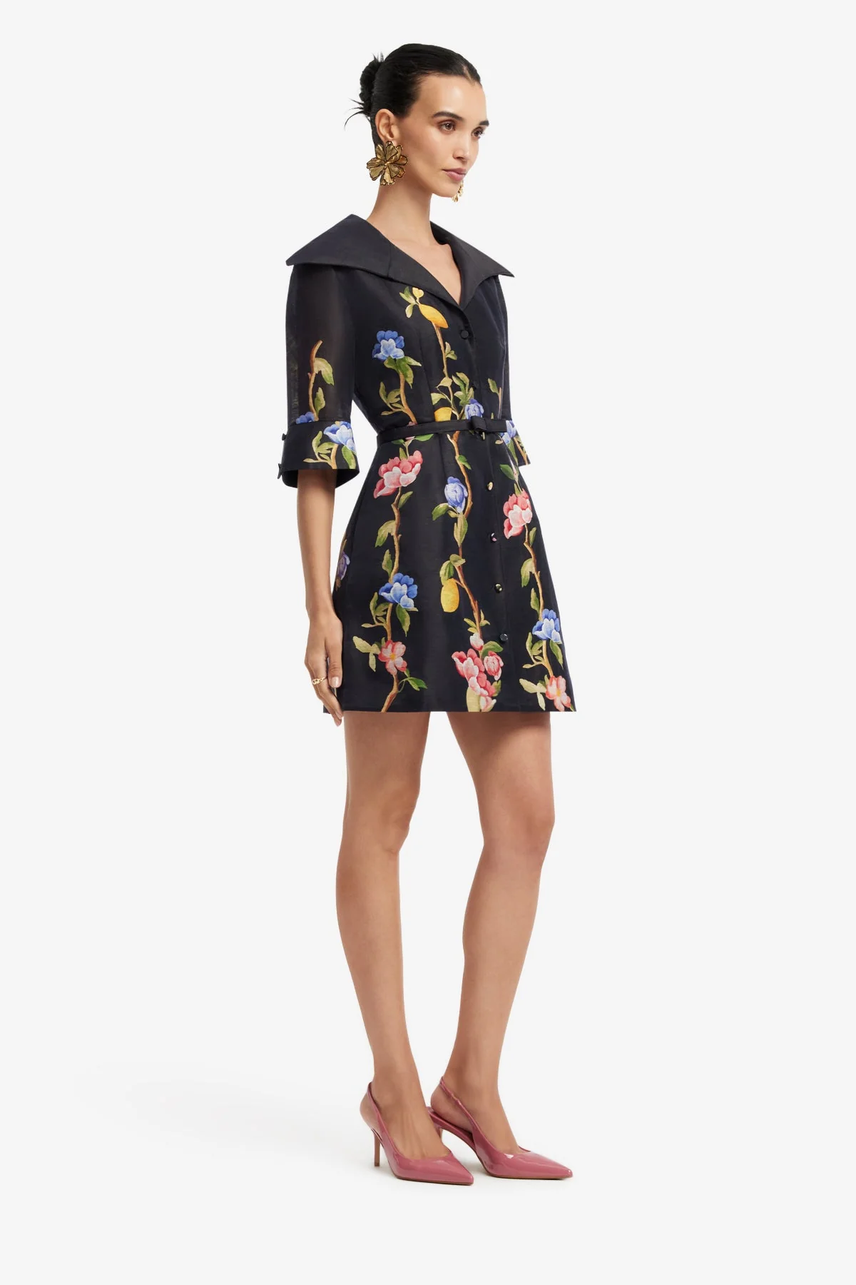 Genevieve Sleeve Mini Dress - Lemon Vine Print in Ebony