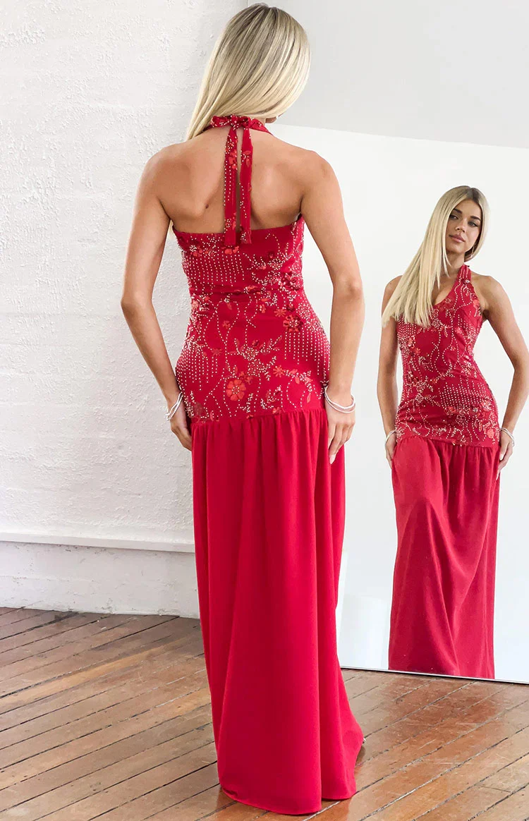 Aella Red Beaded Halter Maxi Dress