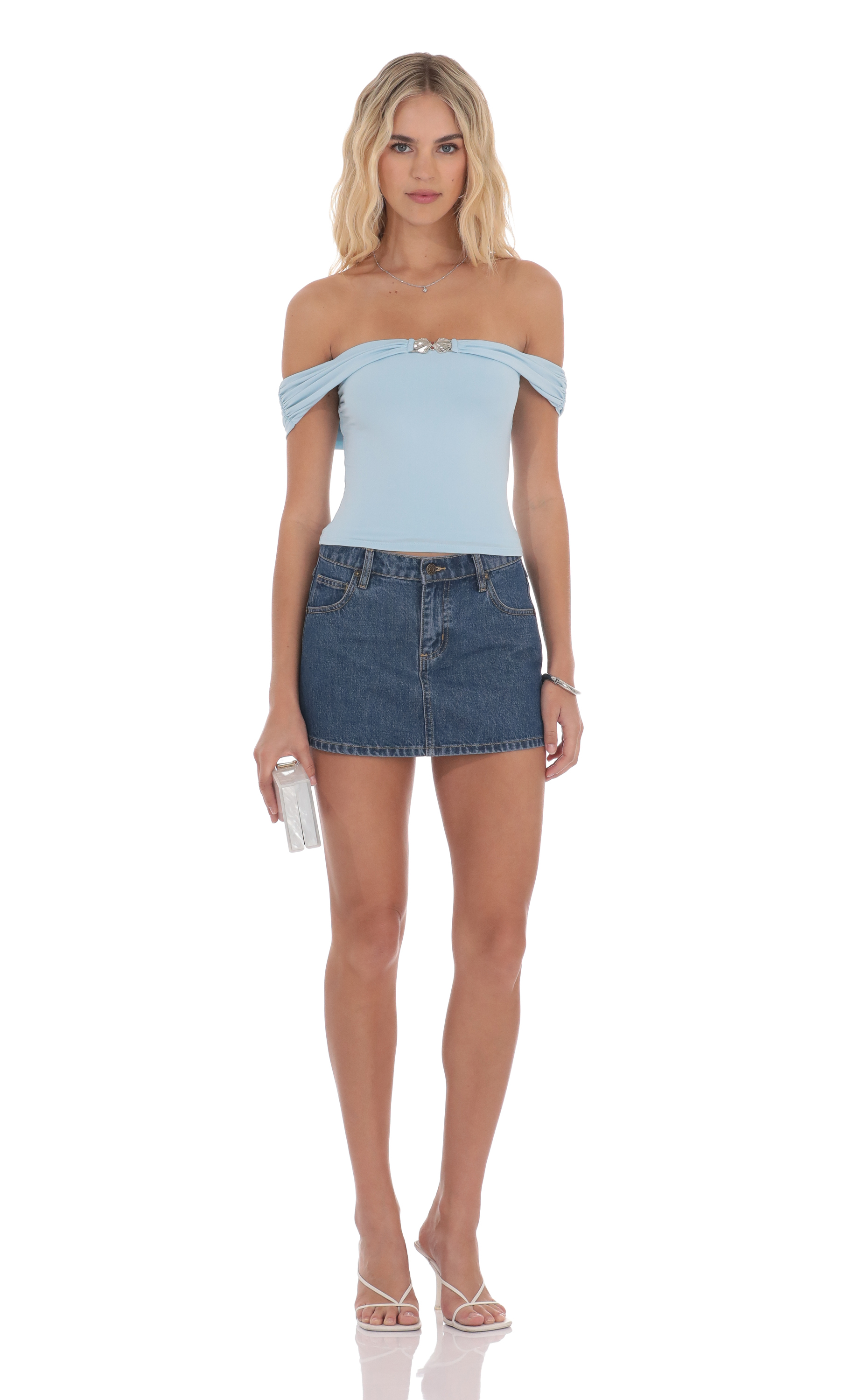 Embellished Off Shoulder Top in Light Blue - luluinthesky