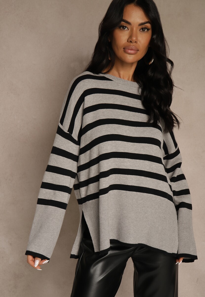 Szaro-Czarny Sweter Oversize w Paski Kalitusa