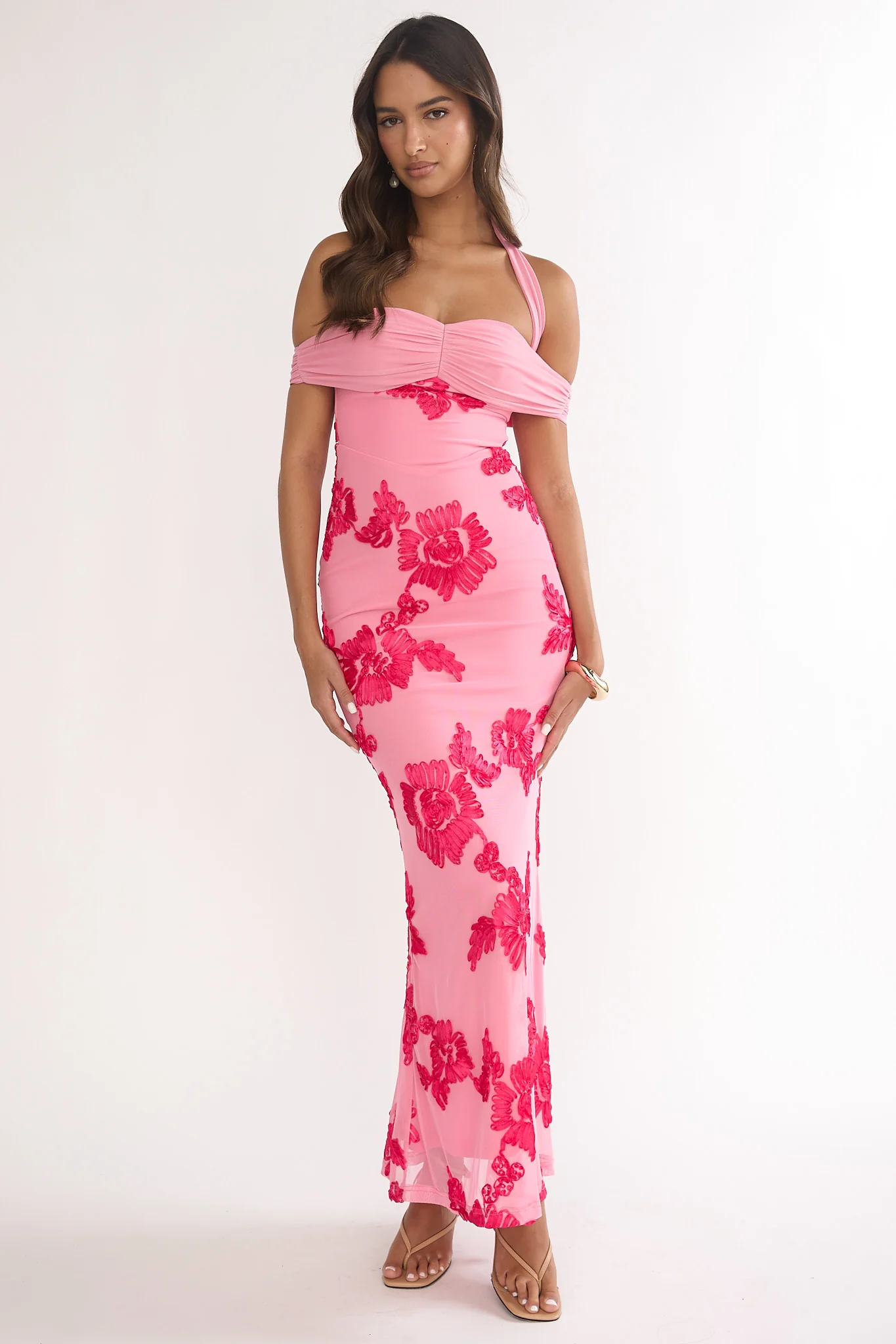 Fleurie Halter Off-Shoulder Maxi Dress Embellished Pink