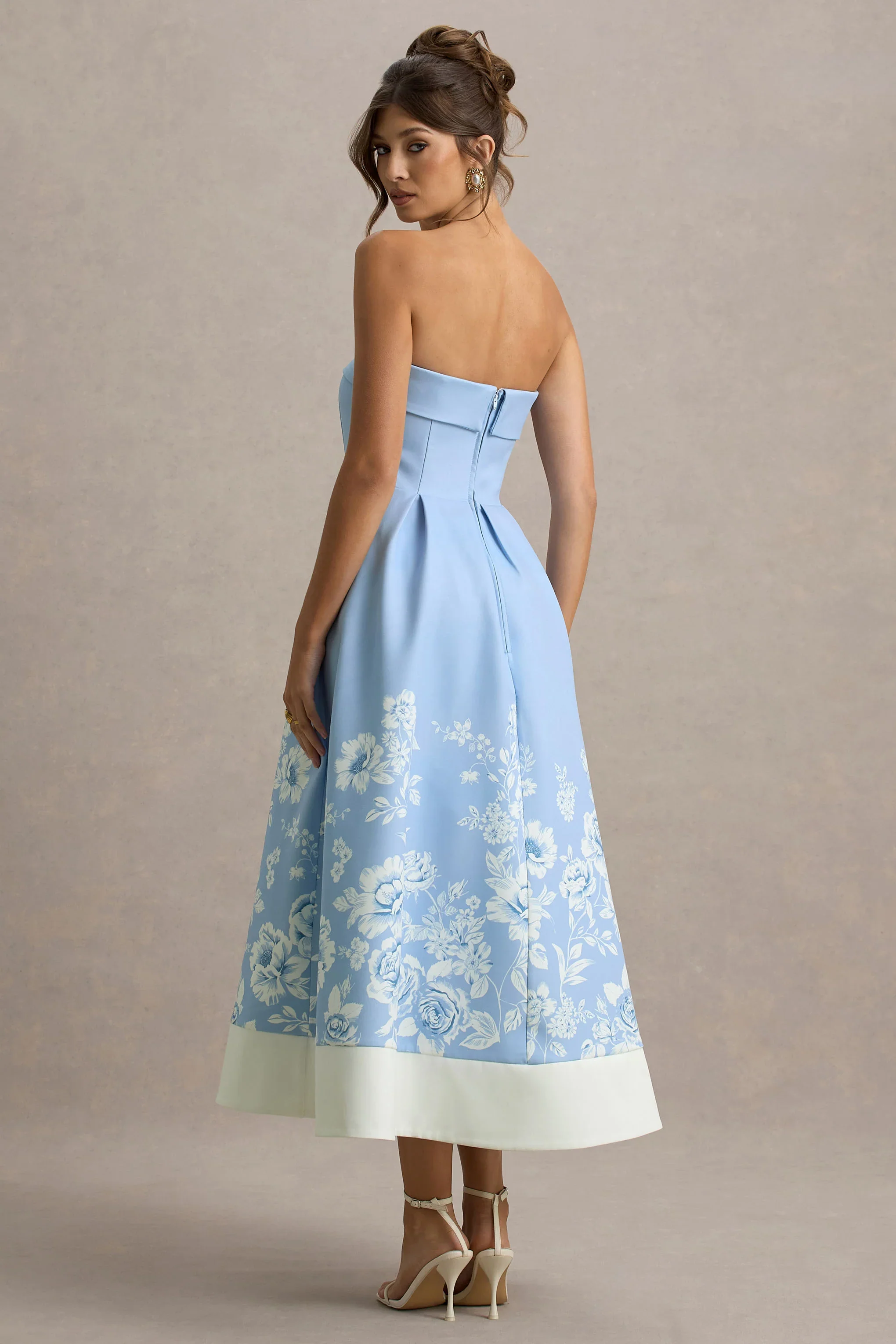 Annalise | Light Blue Floral Print Bandeau Skater Midi Dress