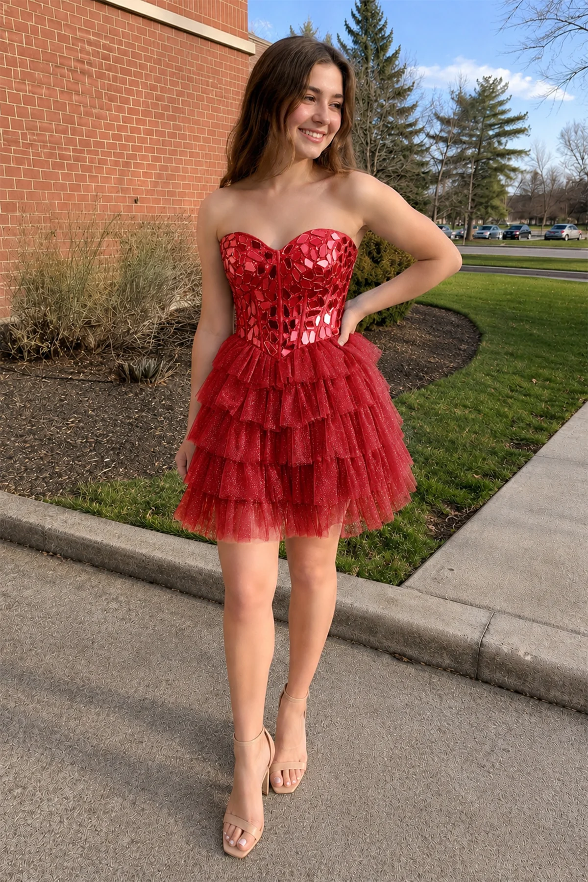 Sparkly Champagne Sweetheart A-Line Tulle Tiered Homecoming Dress