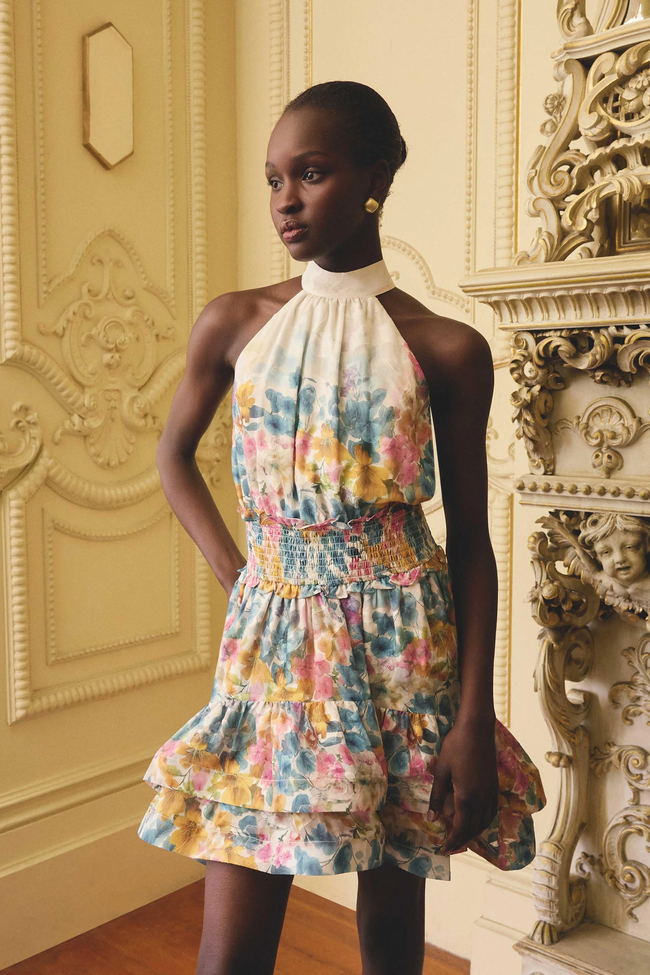 Clementina Halter Mini Dress in Multi Floral
