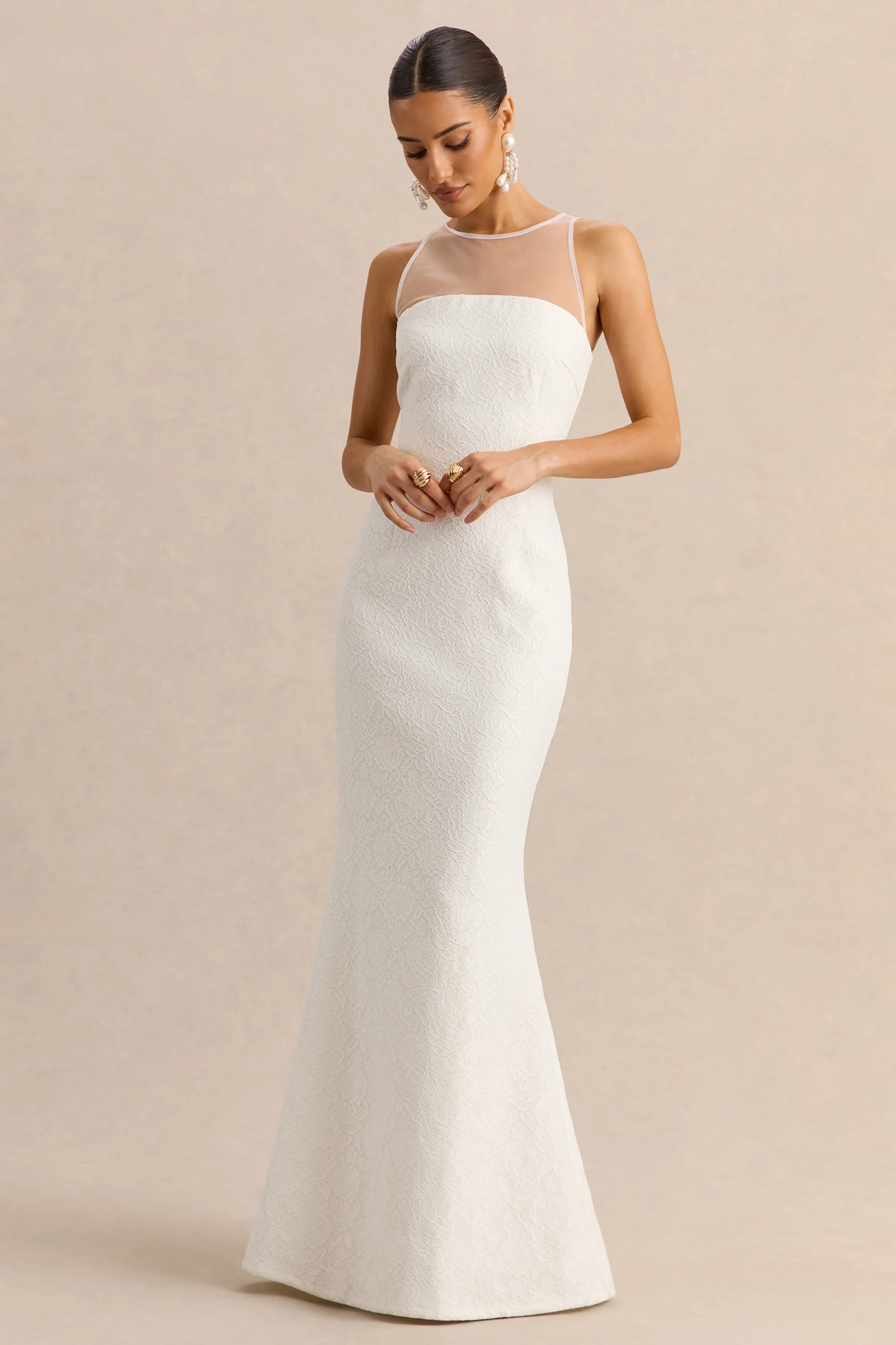 Rosevine | White Lace Crew-Neck Maxi Dress With Mesh Panel