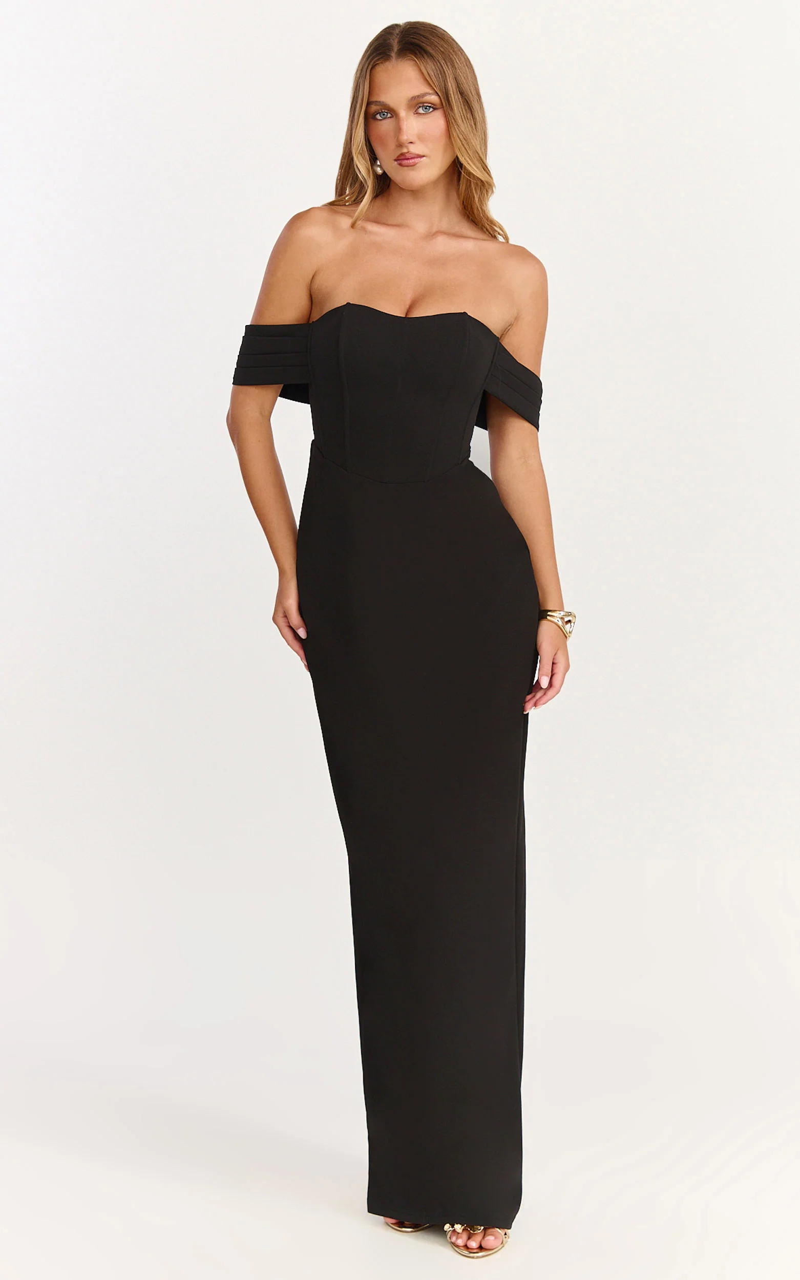 Karina Maxi Dress - Off Shoulder Corset Bodice Lace Up Back Dress in Black