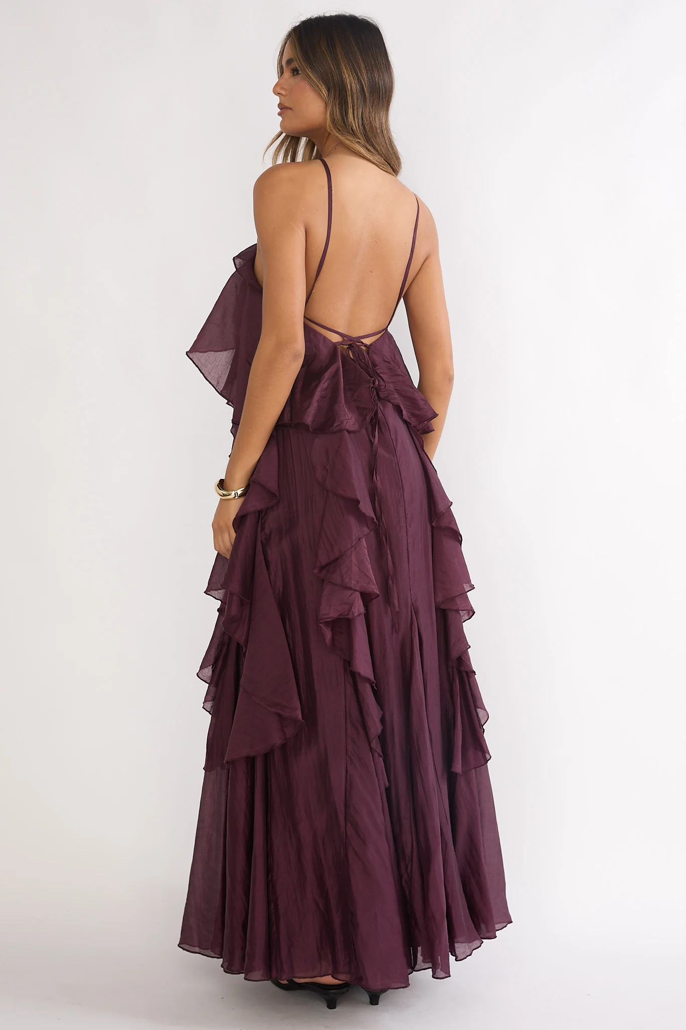Secret Rendezvous Layered Ruffle Maxi Dress Maroon