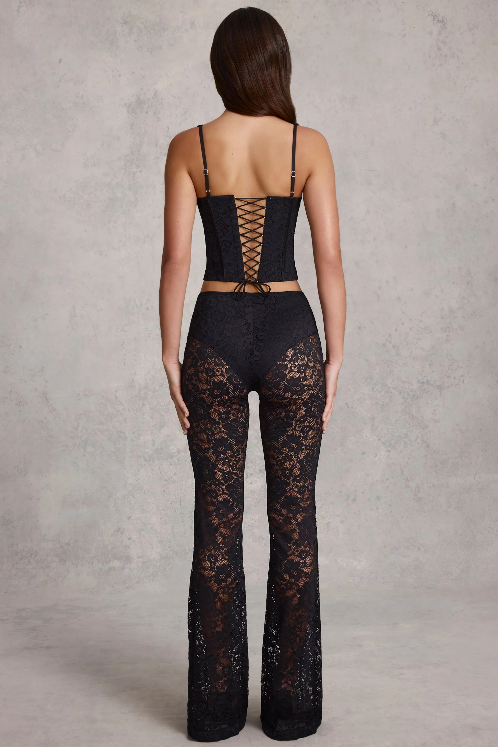 Sheer Lace Mid-Rise Flared Trousers in Black