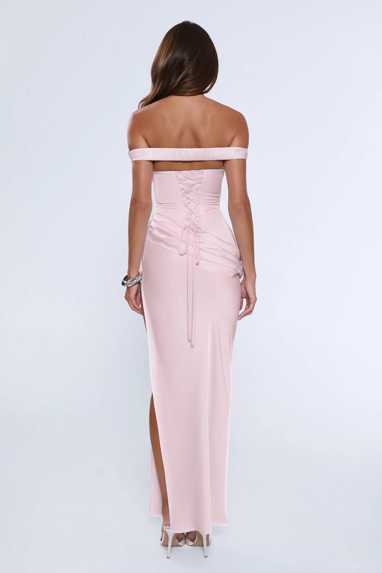 The After Party Off Shoulder Satin Maxi Dress Blush