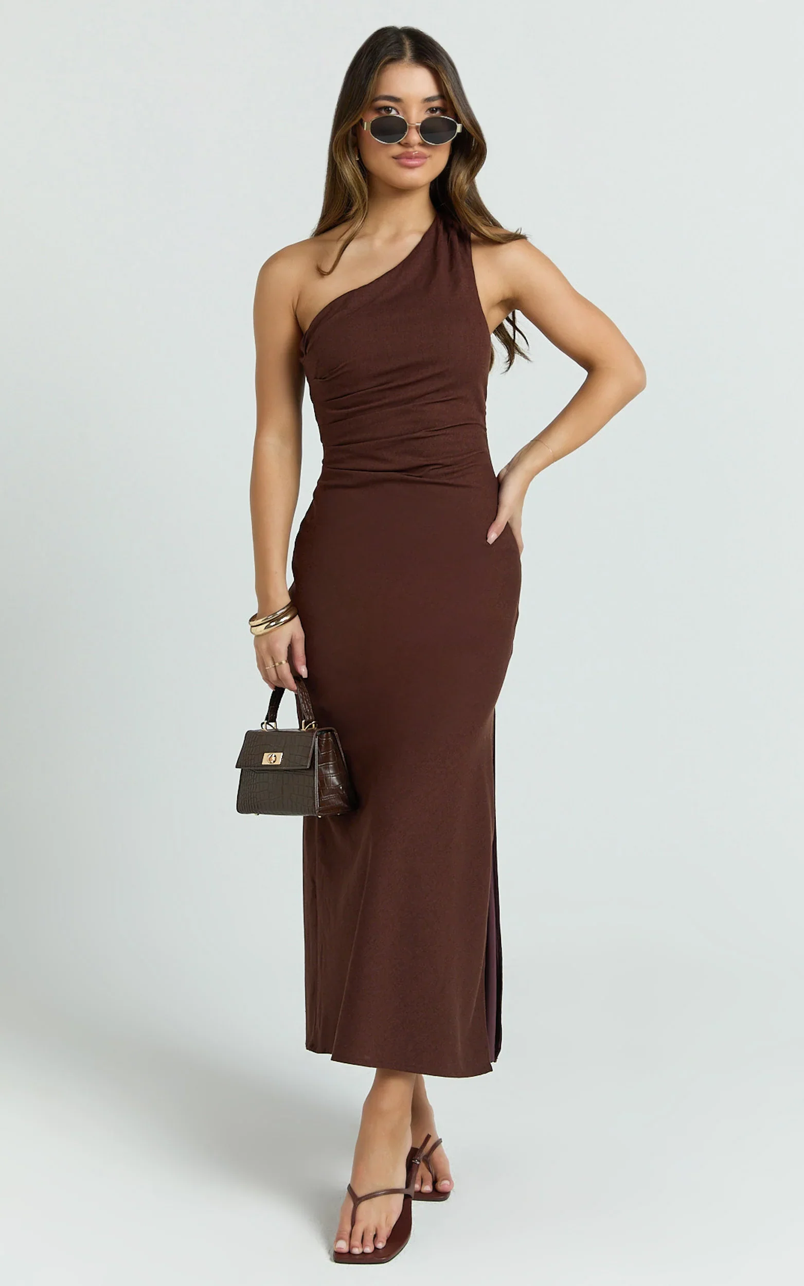 Cassia Midi Dress - One Shoulder A Line Dress in Chocolate