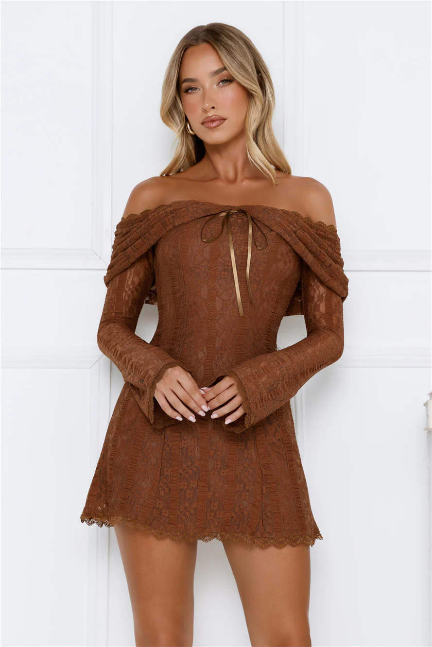 Secret Smile Lace Off Shoulder Mini Dress Brown